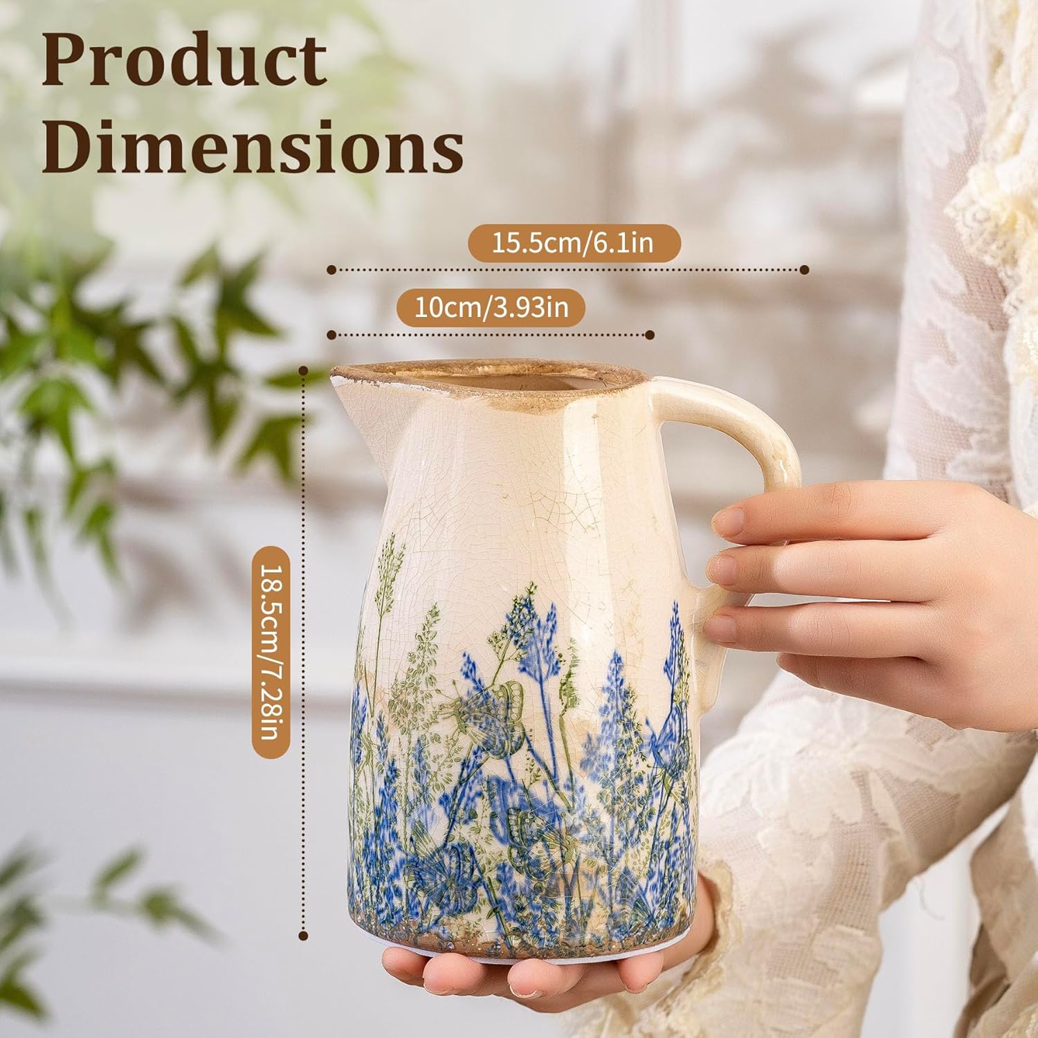 Navy Blue and Green Vintage Ceramic Floral Pitcher Vase, Rusitc Farmhouse Beige Decorative Flower Vase for Home Decor, Living Room, Rustic Table Centerpiece, Grand Millenial & Tuscan Decor 7.3 in - Image 3