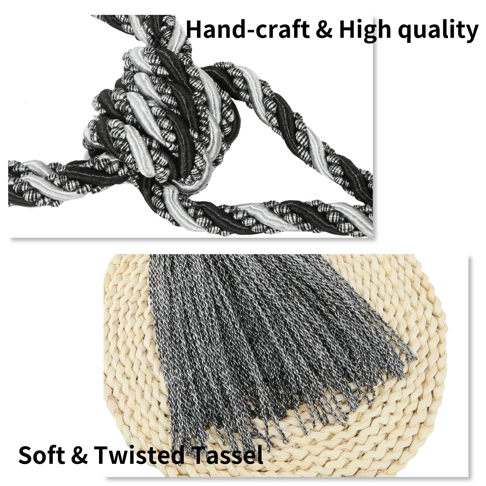 Raffhalter für Vorhänge, große Quasten, luxuriöse Vorhangseile, dekorative Raffhalter, geflochtene Quaste, 2 Stück, Schwarz, 2 Stück