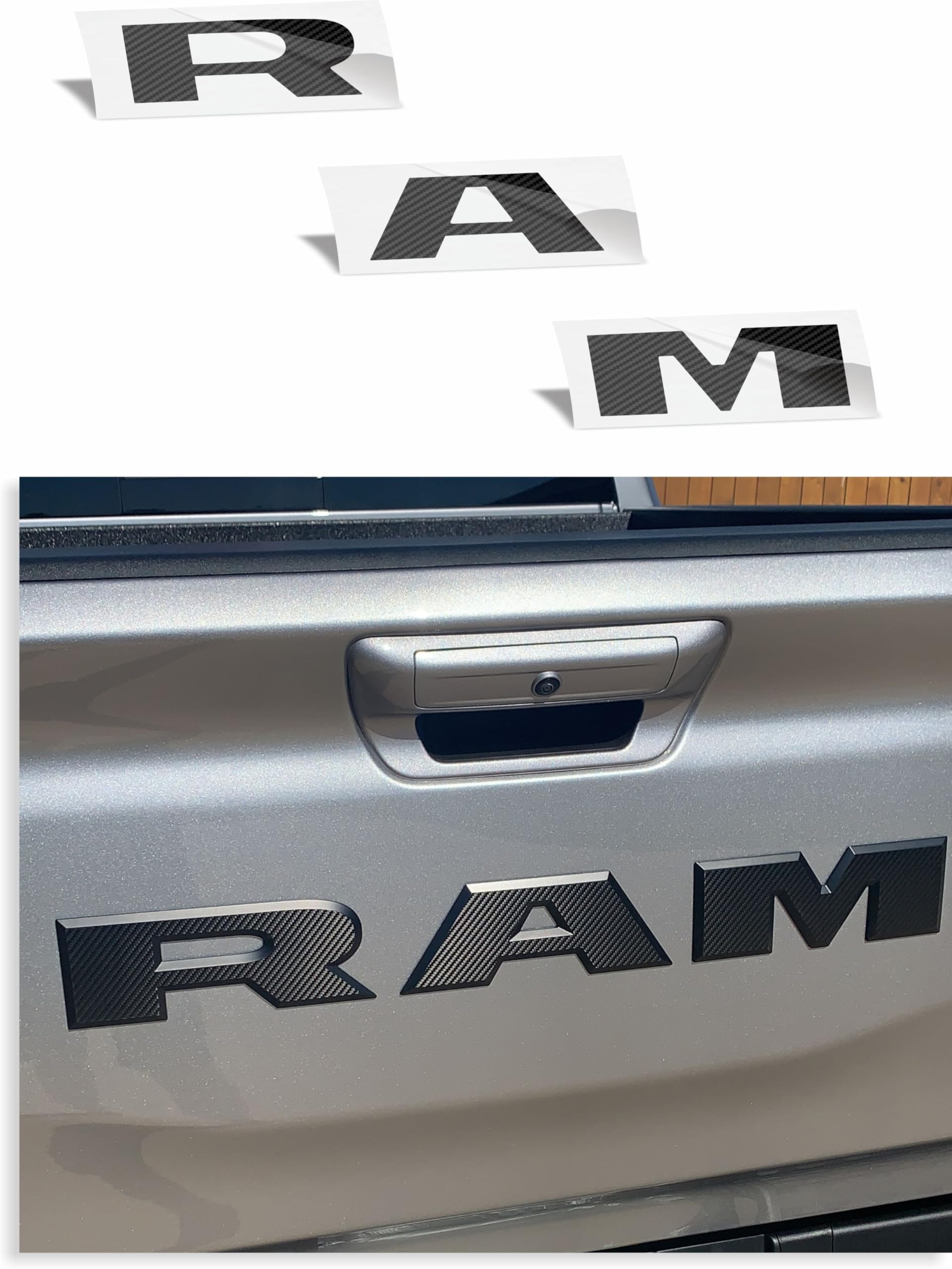 RAM Tailgate Emblem Overlay Decal Stickers 2025-2026 Ram 1500 (Color: Carbon Fiber)