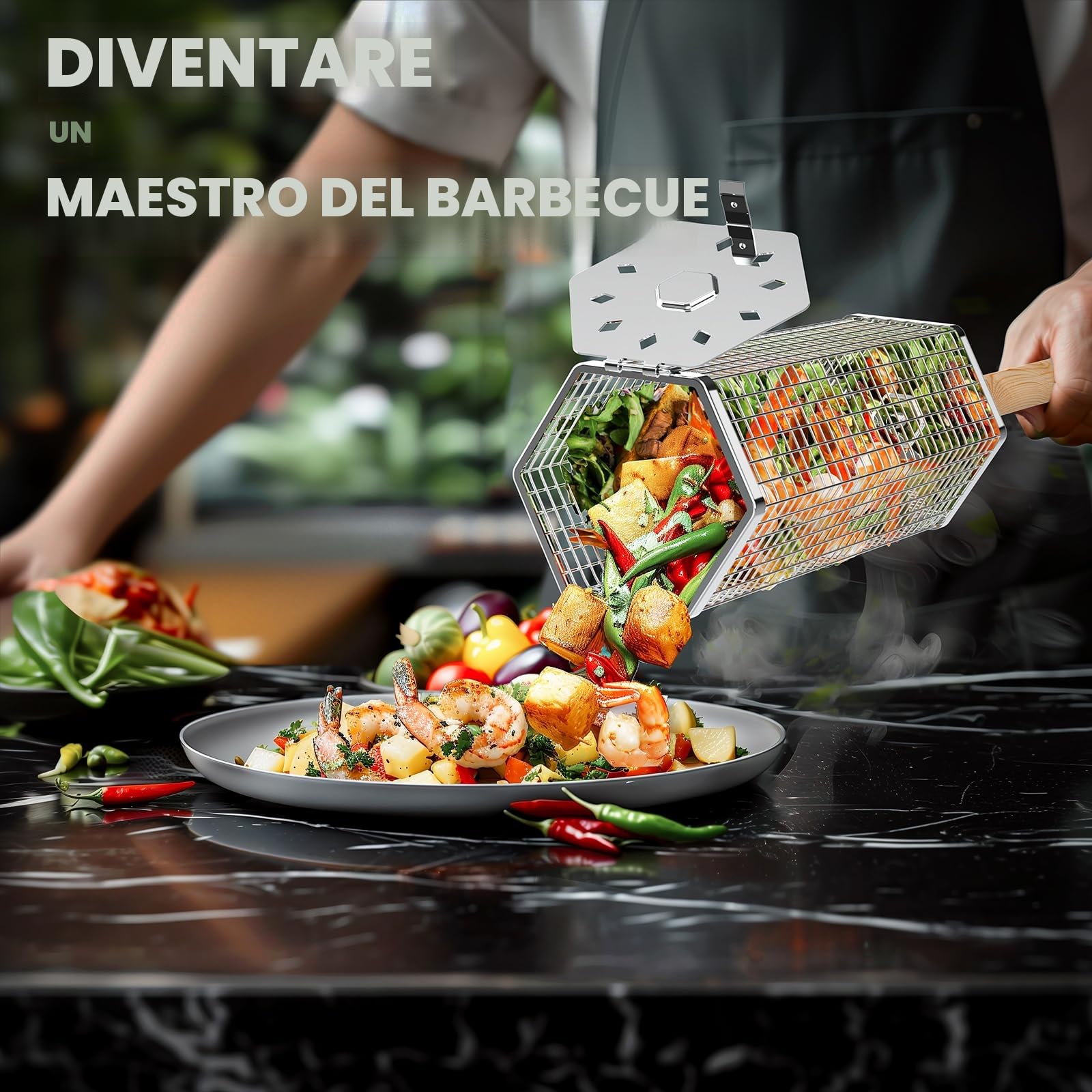 Cestello Rotolabile per Barbecue, Acciaio Inossidabile 304, Manico Rimovibile, Nidificabile, Griglia Carbonella per Esterno