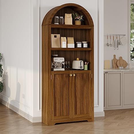 GAOMON 72'' Tall Arched Cabinet, 5 Tier Arched Bookshelf with Double Doors & Adjustable Shelf, Wooden Bookcase with Storage for Living Room, Bedroom, Study, Kitchen, Home Office, Walnut Color
