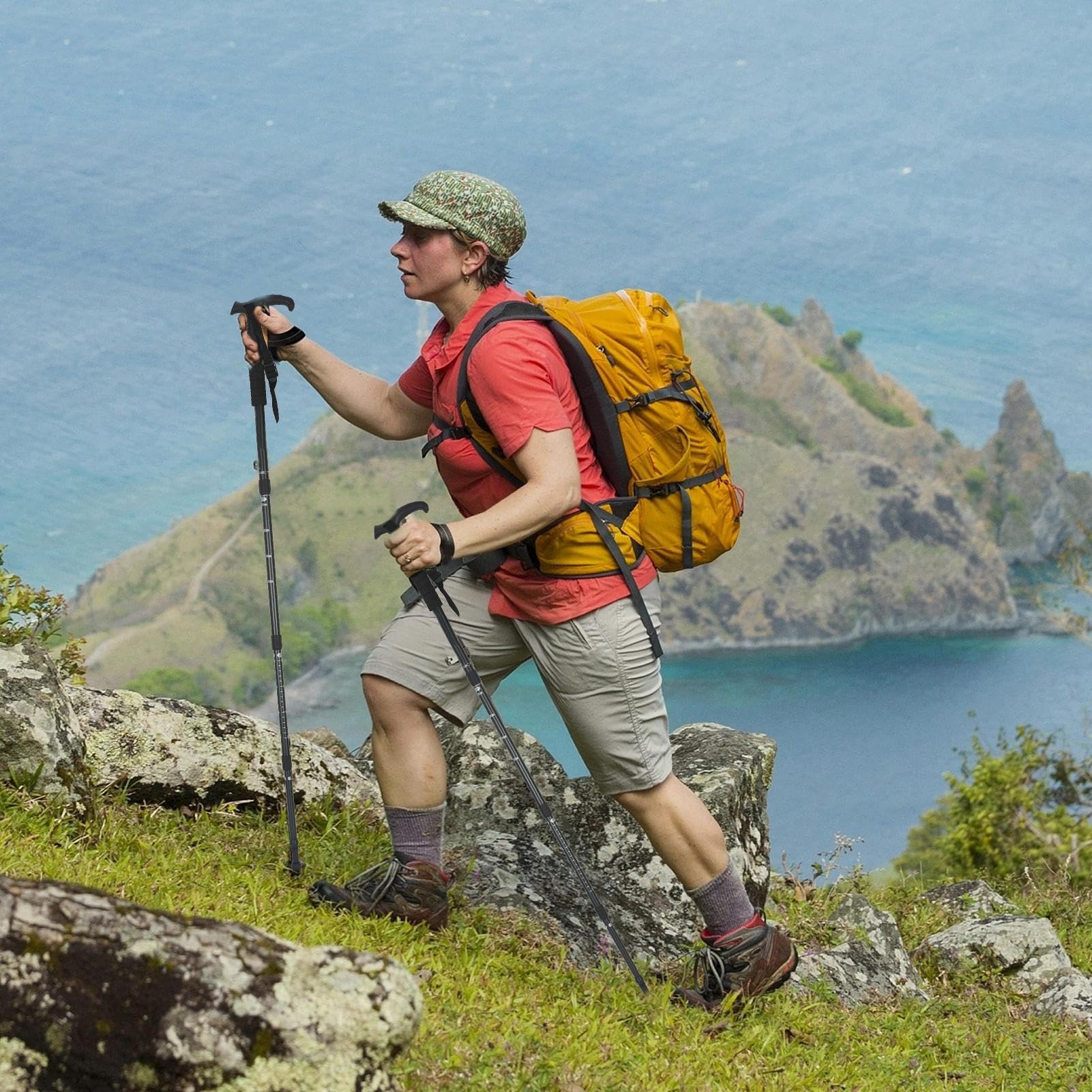 Bastoni da trekking, 2 telescopici, manico a T retrattile, con 10 e custodia, per viaggi in zaino