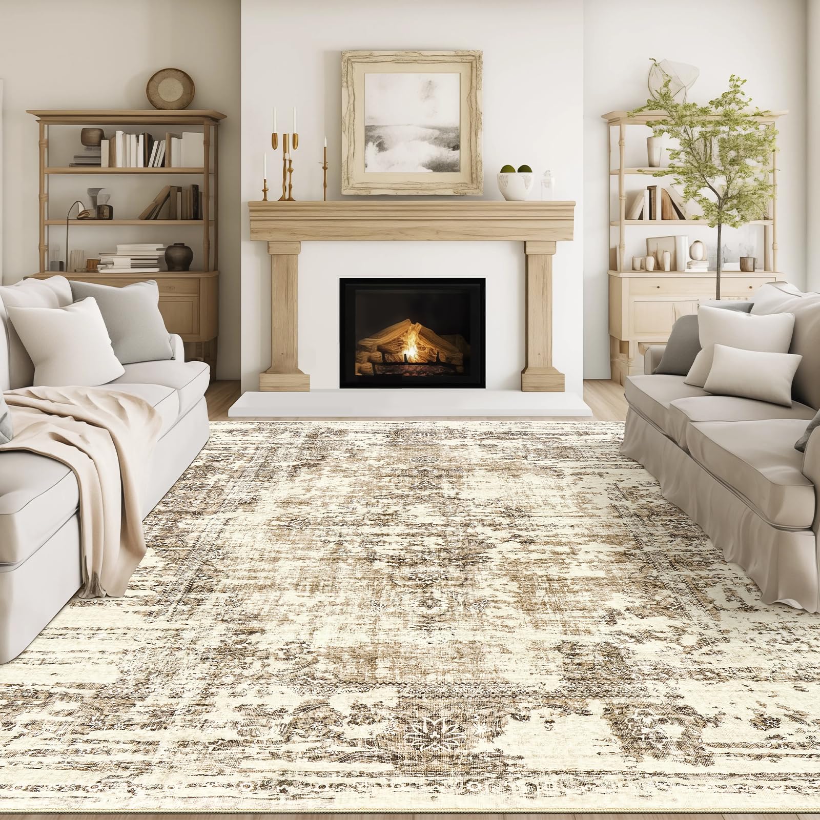 (Similar) Madane 8x10 Area Rugs Washable Rug: Lagre Vintage Living Room Rug with Non-Slip Backing Low Pile Rug Soft Indoor Floor Thin Carpet Non Shedding Carpets for Bedroom Dining Room Farmhouse Brown