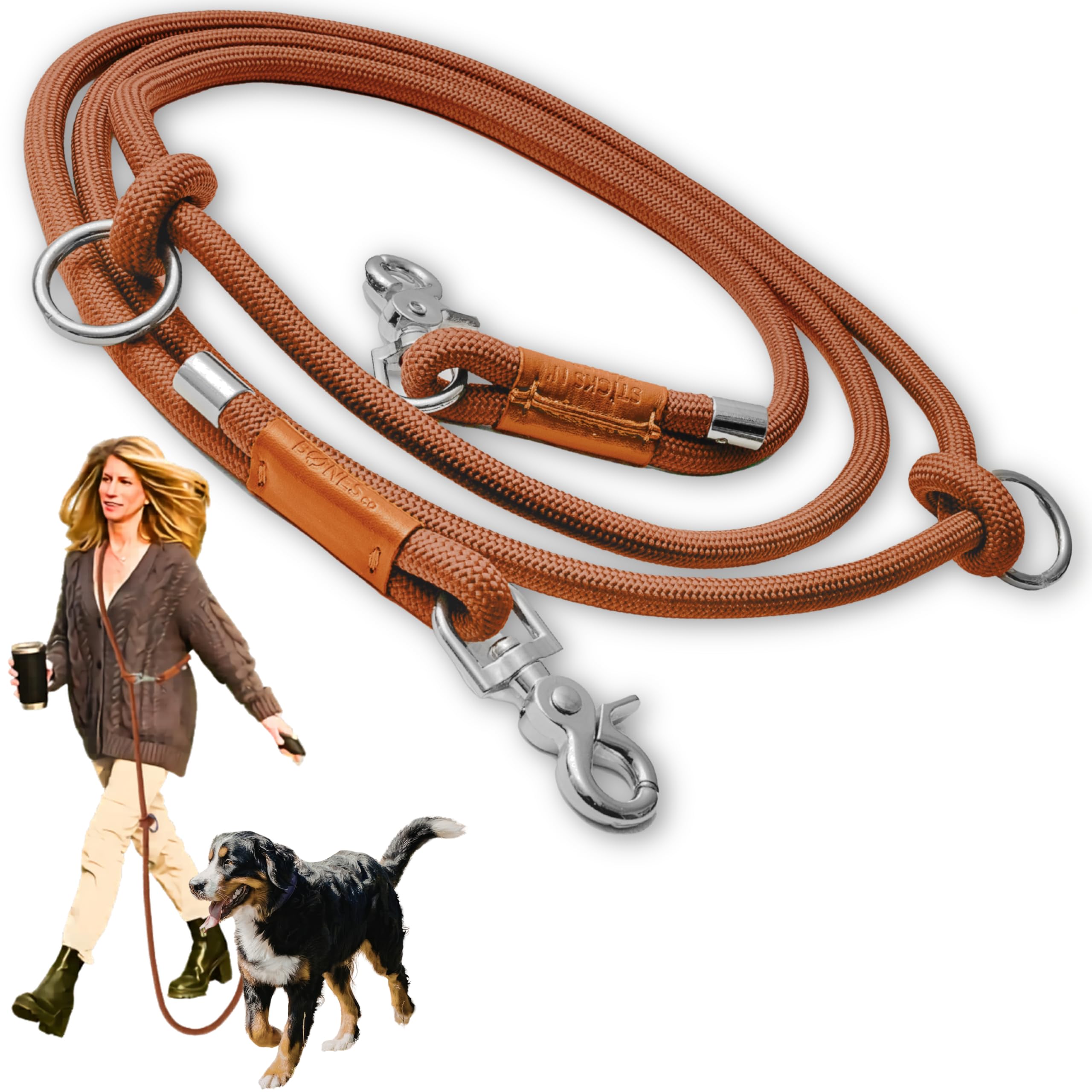Sticks N' Bones co Laisse mains libres pour chien 6 en 1, réglable, robuste, taille S, M, L, 2 chiens, laisse pour promener le chien, course à pied, laisse de dressage de chiot, longueur plus courte