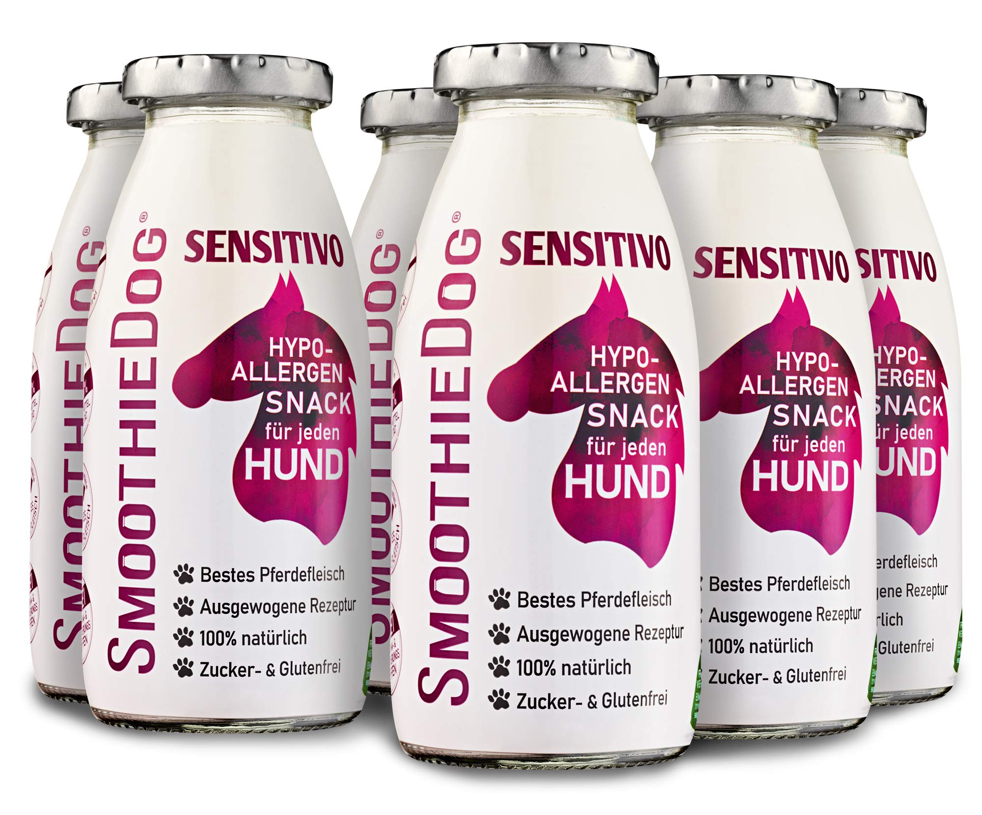 Hunde Smoothie SmoothieDog 6er Sensitivo (Pferd) - Hypoallergener Snack & Leckerli für Sensible Hunde - Zucker- & glutenfrei - je 250ml