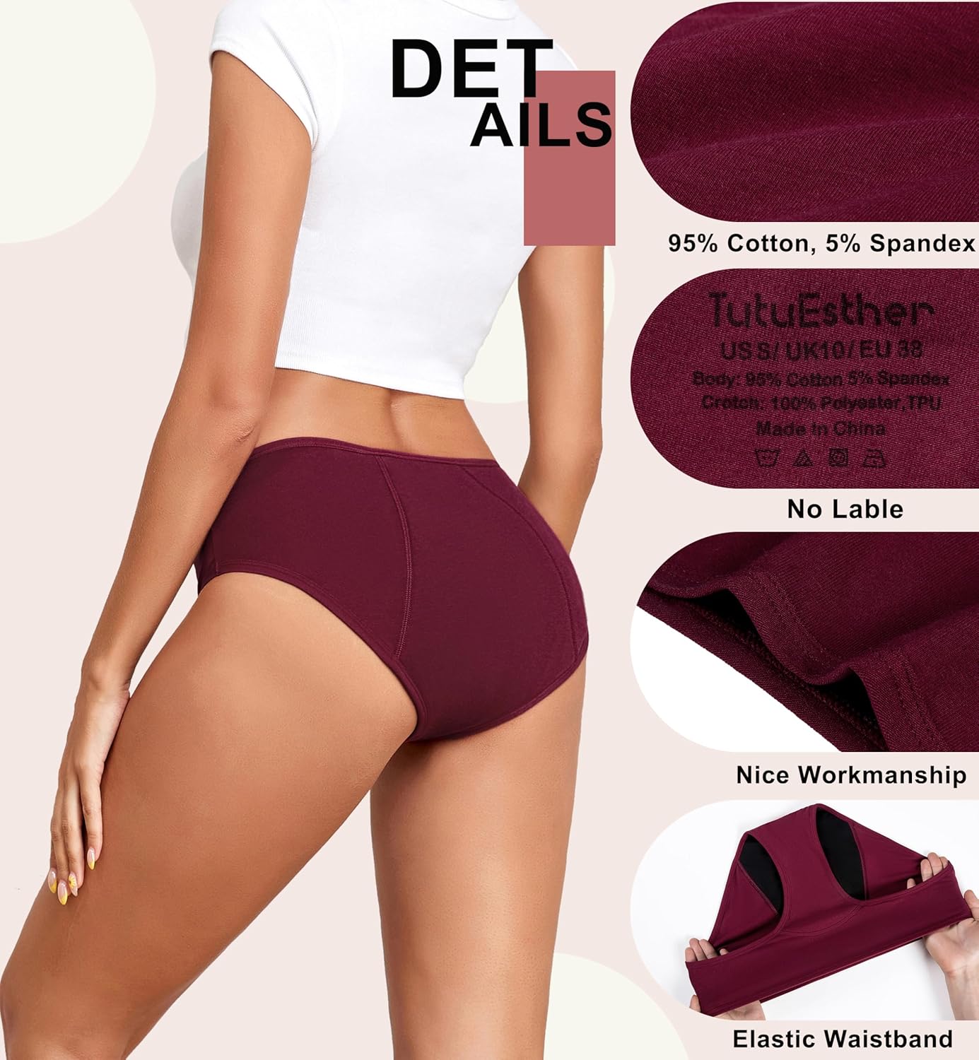 Period Underwear for Women Heavy Flow Leakproof Panties Cotton Postpartum Panty Menstrual Hipster for Teens 3 Pack - Image 4