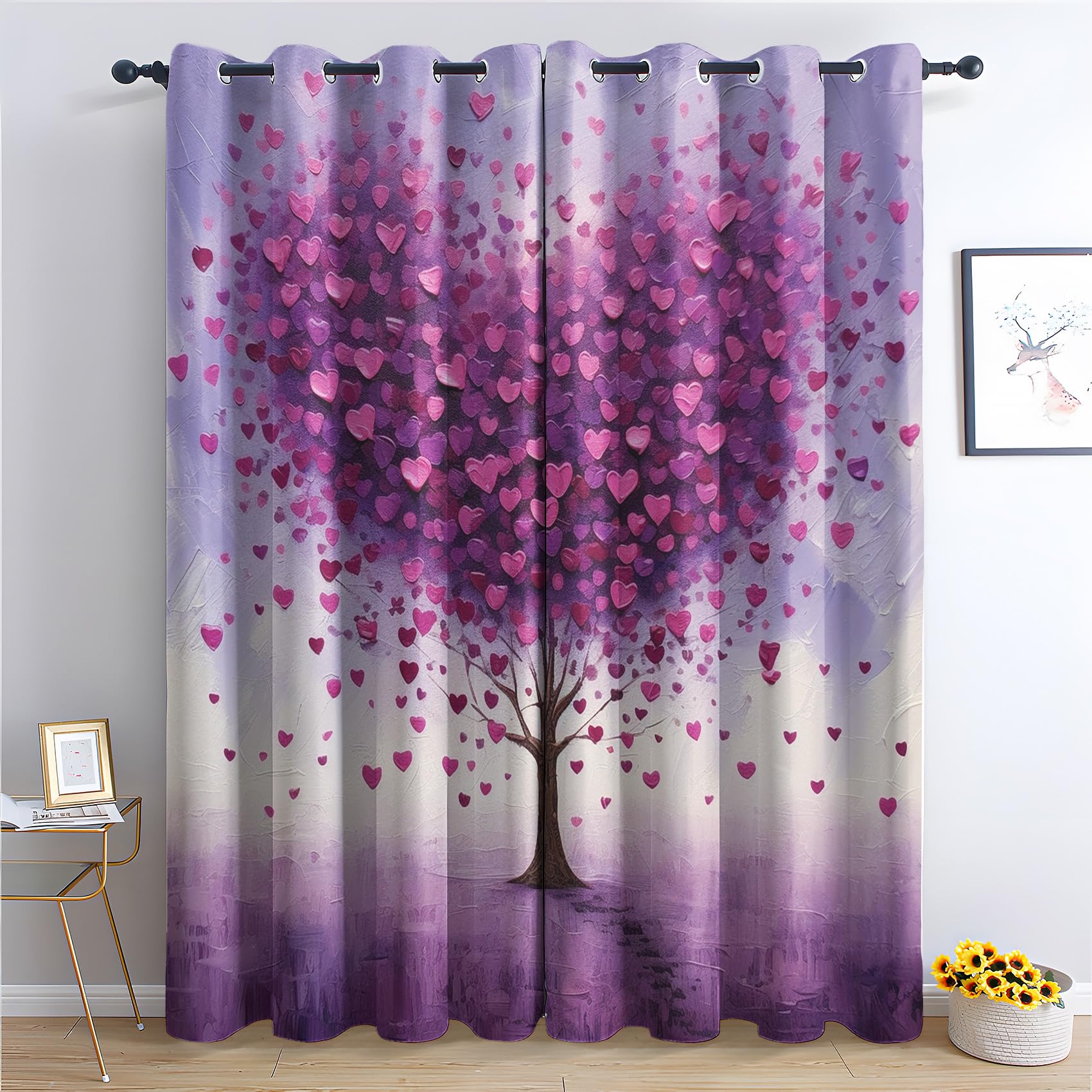 Zcwl Tree Heart Curtains For Bedroom Living Room, Purple Patterned Blackout Curtains, Thermal Insulated Eyelet Curtain, 54 Drop Window Treatments Drapes, 46X54 Inch (W X L), 2 Panels
