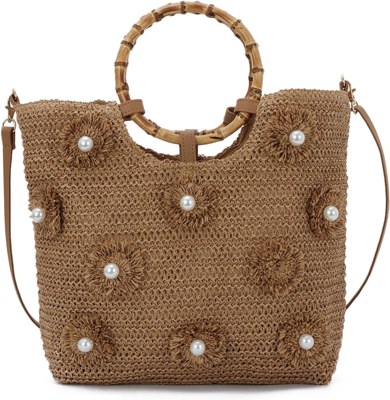 Beach Bags for Women, Summer Beach Woven Bag, Flower Pearls Straw Tote Bag for Summer Vacation