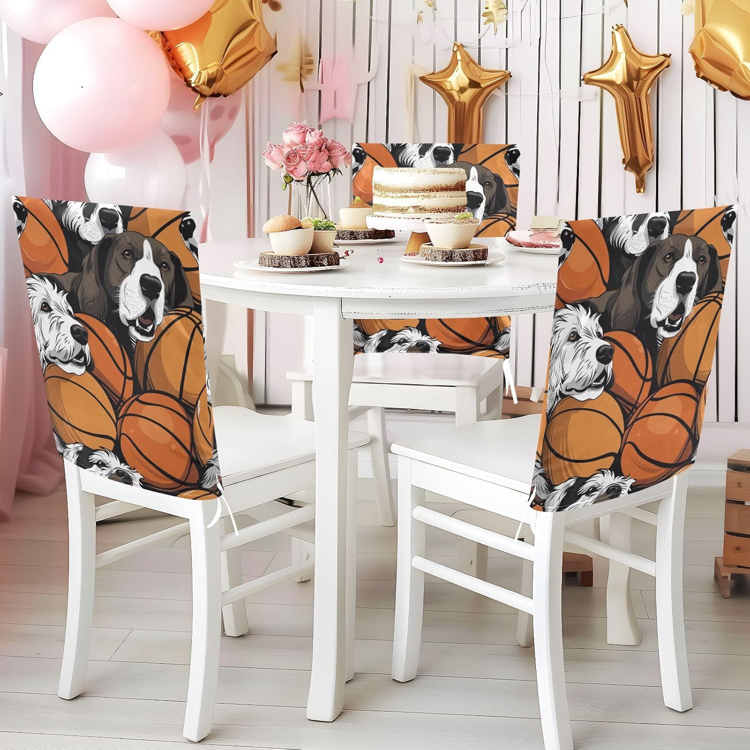 ALAZA Dogs and Basketballs Chair Back Cover Set of 6, Washable Reusable Removable Chair Slipcovers Decorative Chair Cover for Home Kitchen Wedding Party