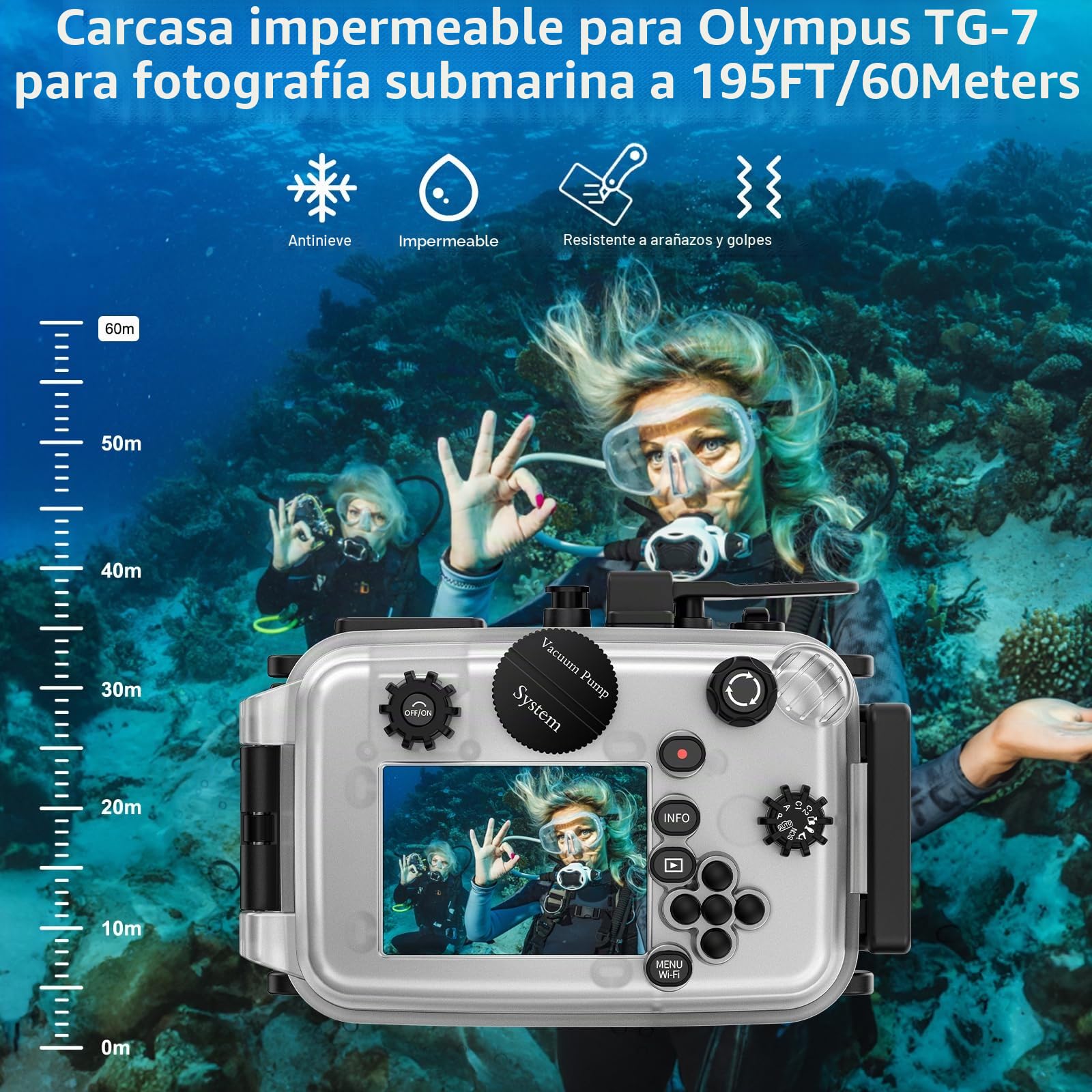 Seafrogs - Carcasa subacuática para cámara Olympus TG-7 de 60 m, Funda Impermeable con Rosca de 52 mm y 67 mm, Puertos de Fibra óptica duales, detección de Fugas (TG-7+ Blanco)