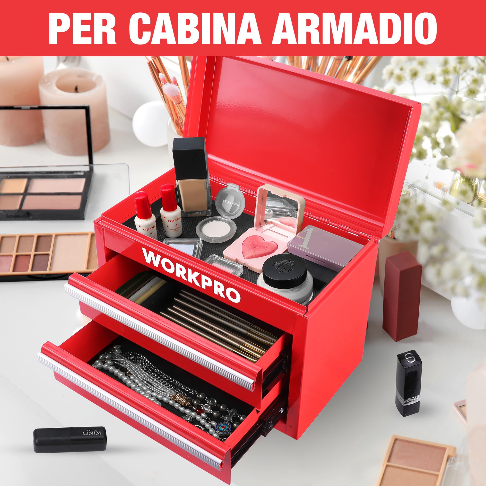 WORKPRO Mini Cassetta degli Attrezzi in Metallo con 2 Cassetti e & Superiore, 27,5 x 15 x 20,8 cm, Portatile, Ideale per Ufficio e Tavolo da Trucco - Rosso