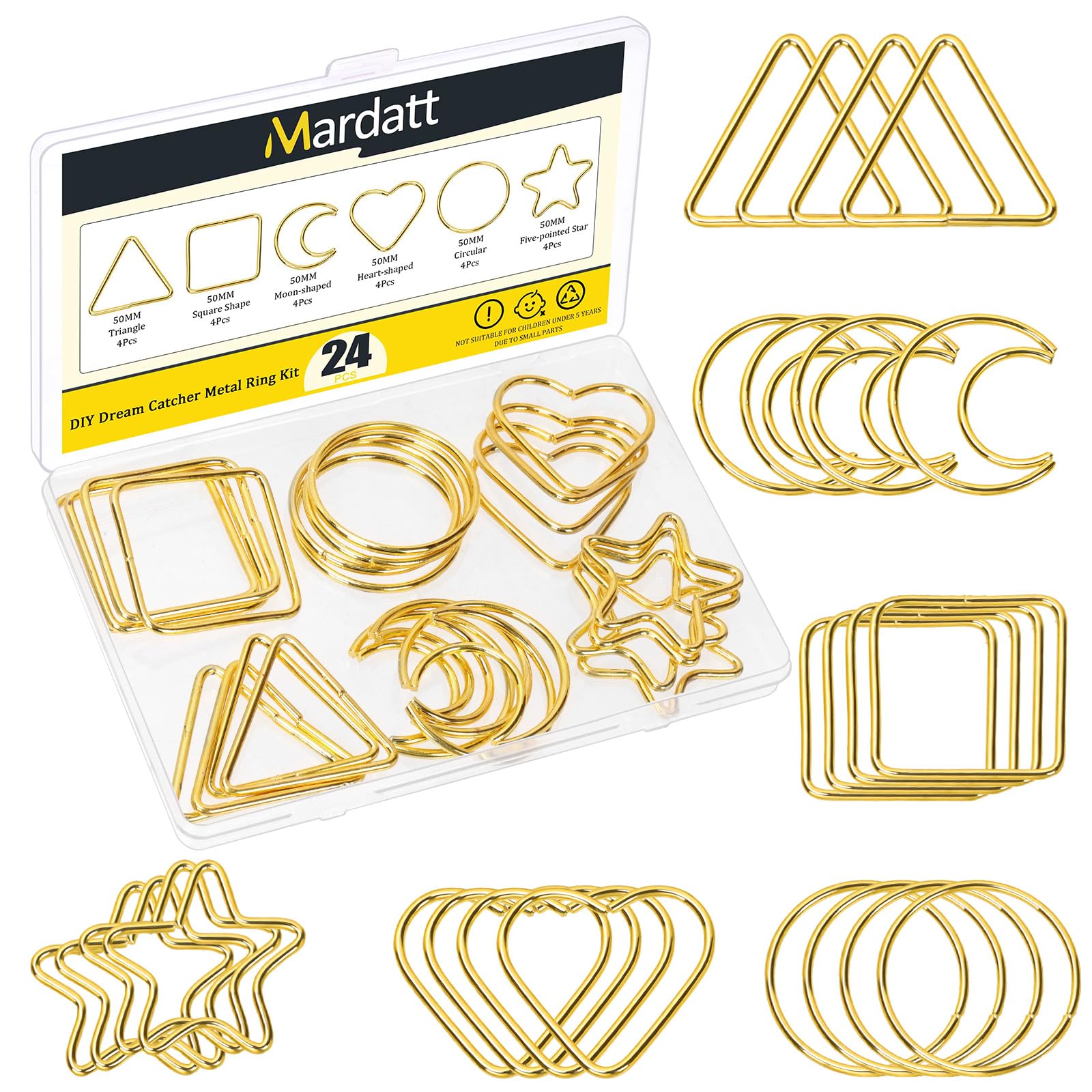 Mardatt 24Pcs Macrame Hoops Ring Kit, 2 inch/50mm Gold Round Moon Star Triangle Square Heart Shape Metal Wreath Hoop Dream Catcher Rings for DIY Projects, Wedding Decor, Wall Hangings