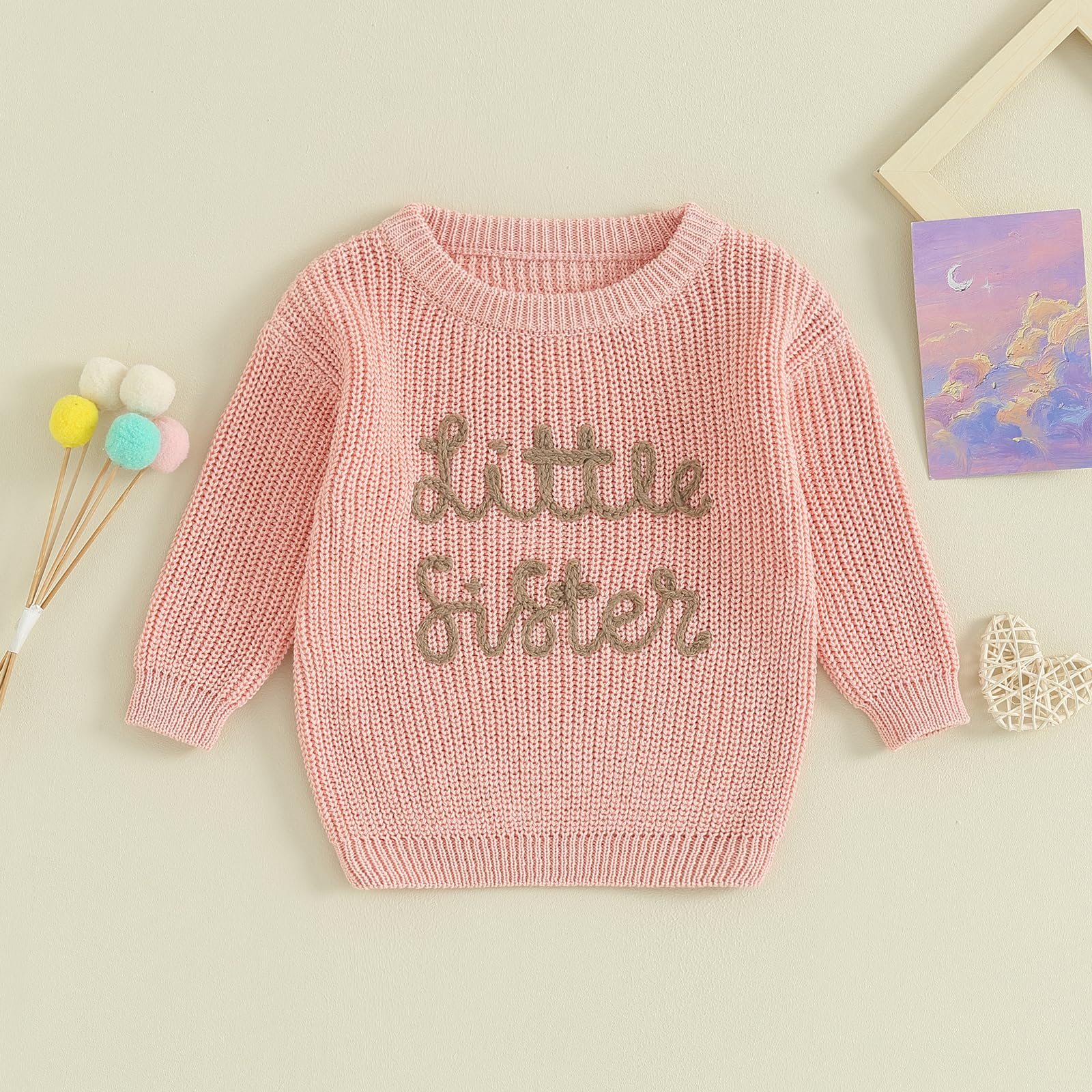Dcohmch Toddler Girl Knit Sweater Big Sister Little Sister Macthing Outfit Embroidery Pullover Shirt Fall Winter Clothes (Peach Lil, 0-3 Months)