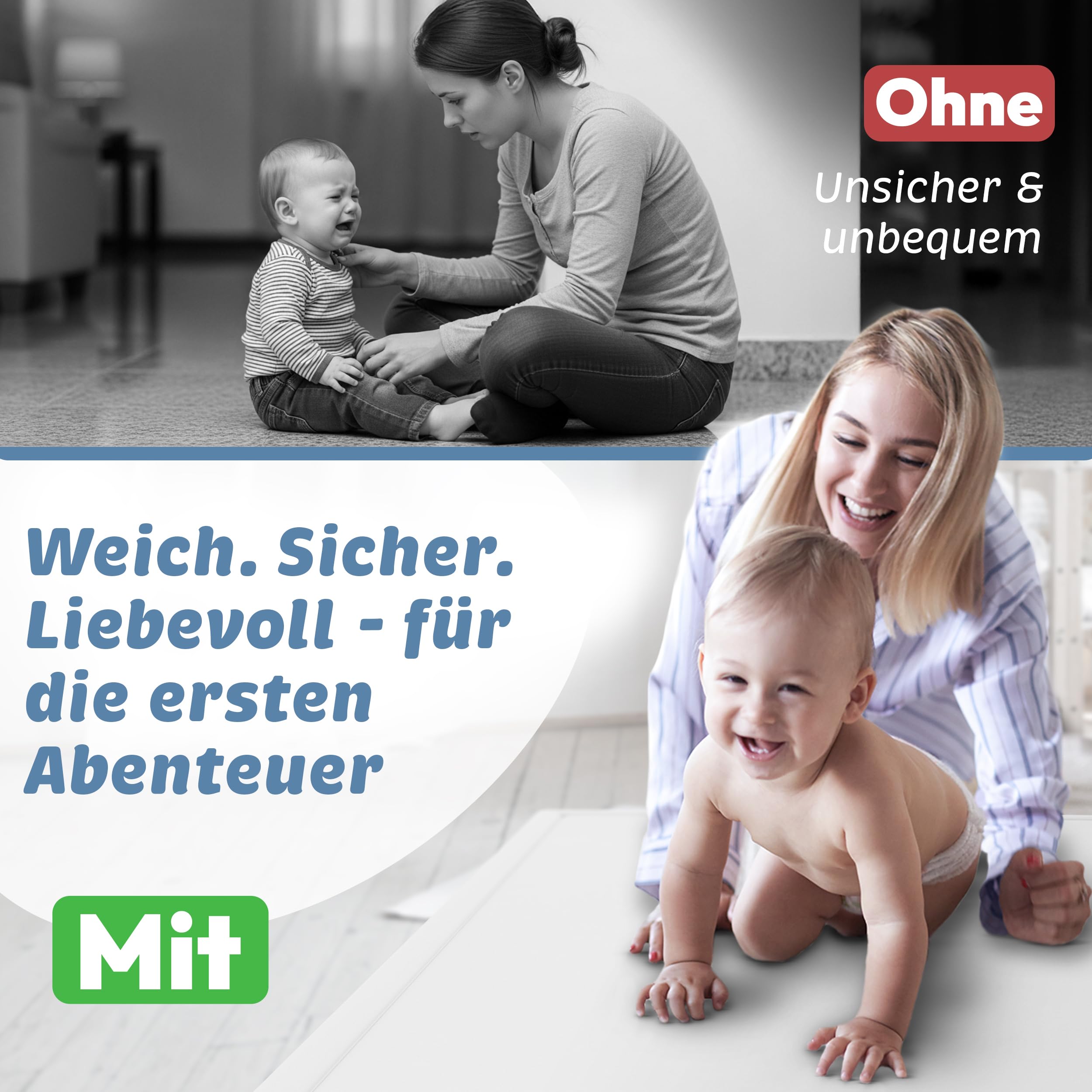 seidenweiche Krabbelmatte Baby Spielmatte Kinder 150x150x3cm grau | 3 cm dick, Premium Memory-Schaum, rutschfeste Unterseite, Geräuschhemmend, sicher und gemütlich fürs Krabbeln und Spielen