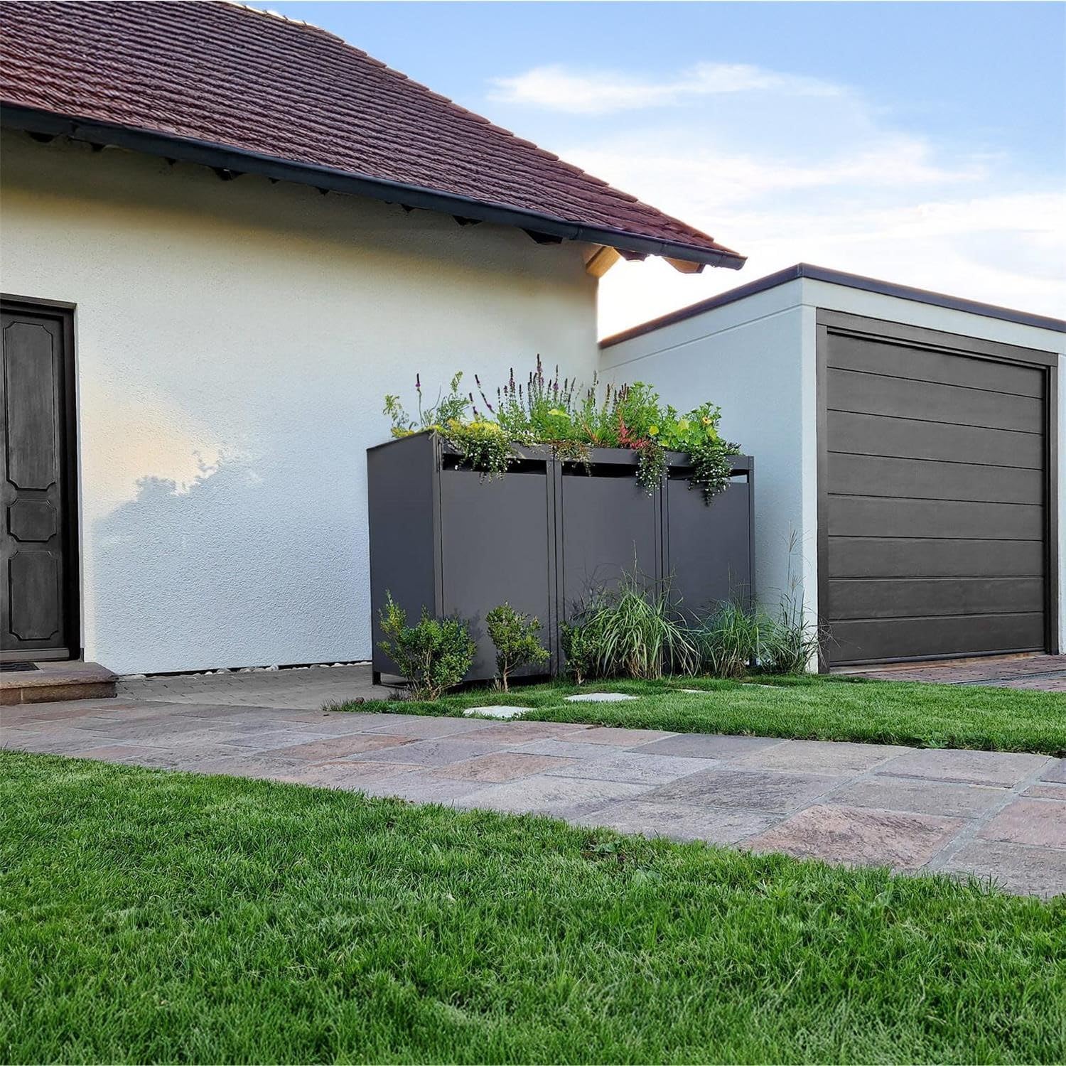Metzler Mülltonnenbox in Anthrazit mit Pflanzdach 3er 240L, Mülltonnenverkleidung 3 Tonnen, witterungsbeständiger und pulverbeschichteter Stahl mit Automatikdeckel, abschließbar, Garten- und Müllbox