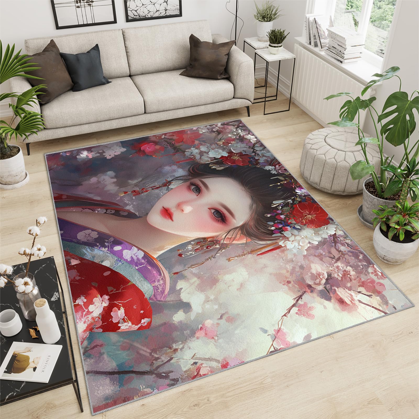 SANSJI Japanese Rugs for Bedroom - Japanese Geisha Rug, Anime Rug for Living Room Bedroom, Washable Non Slip Soft Large Carpet, Traditional Girl Area Rugs & Home Decor 160x230 cm