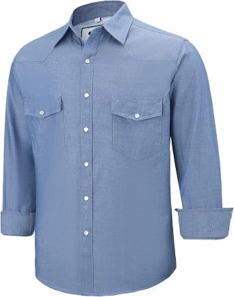 Pearl snap Mens Denim Shirts Long Sleeve Western Cowboy Button up Solid Work Cotton Shirts