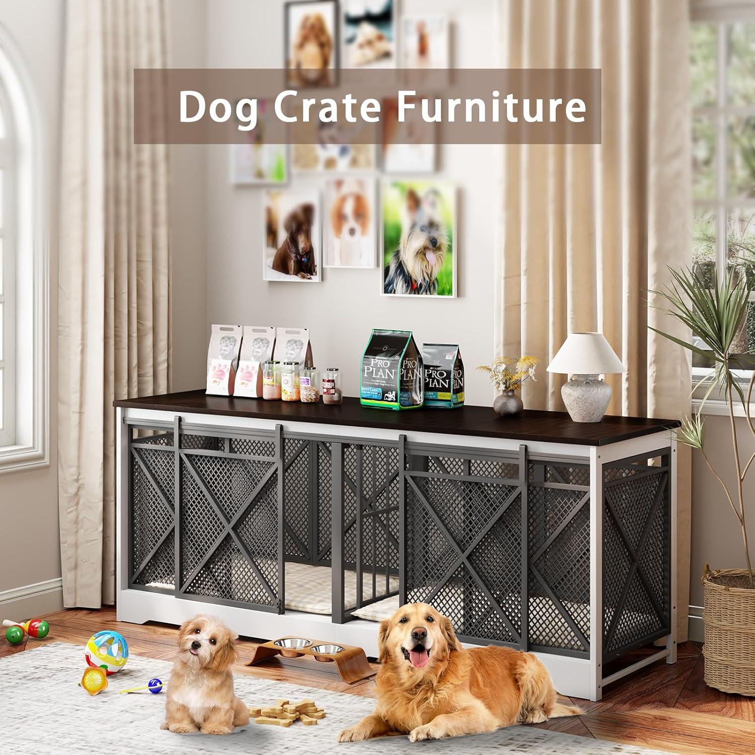 COZPAW 78 Inch Double Dog Crate Furniture, Extra Large Dog Kennel Indoor for Medium Large 2 Dogs, Heavy Duty Dog Cage Chew-Resistant Steel and Wooden Pet House with Removable Divider (White Brown)