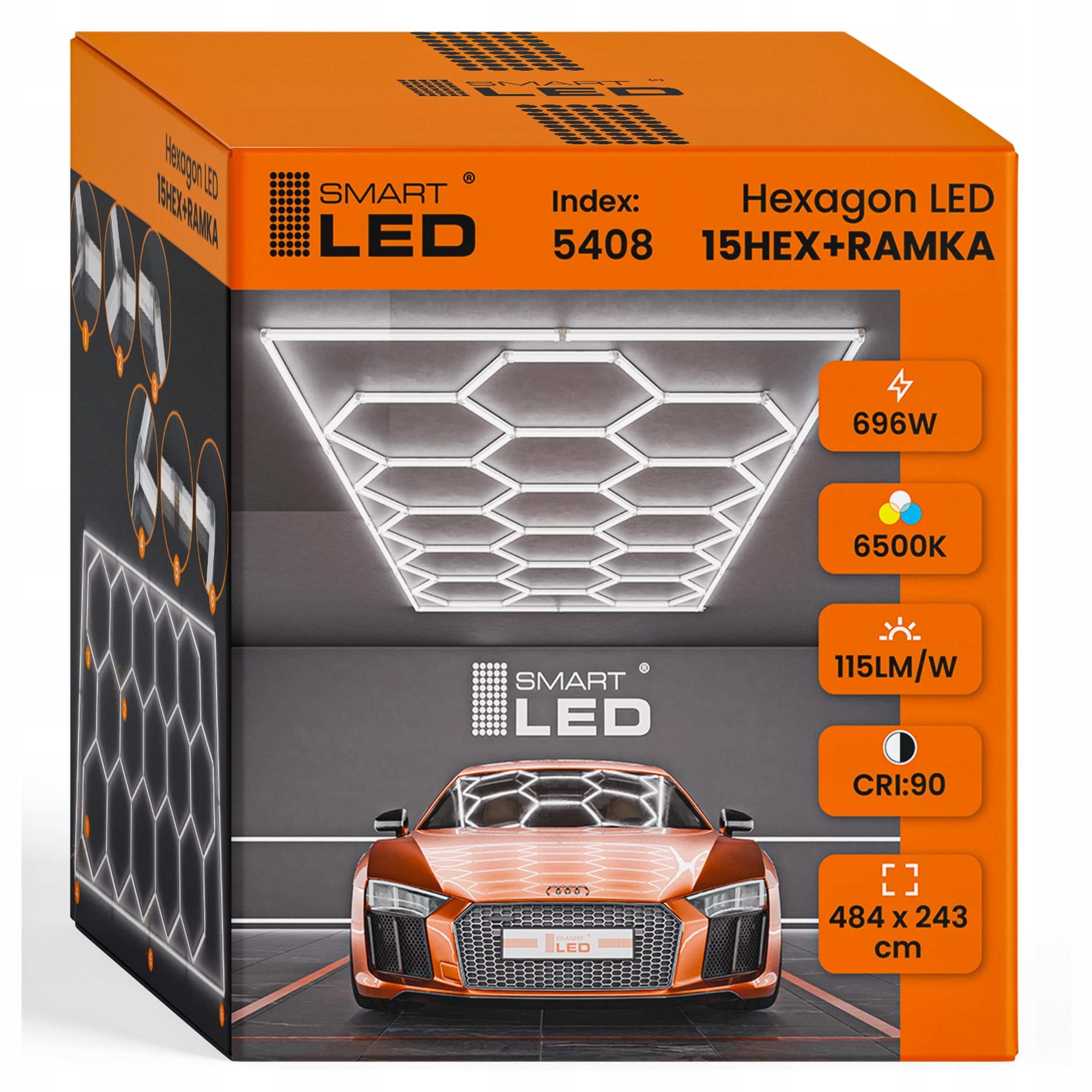 Garagenlampe Hexagon LED 484x243 cm – 15er Set Werkstattbeleuchtung 696W 6500K Kaltweiß – 115LM/W – IP54 – Flimmerfrei – CRI>90 – LED Panel Lichtsystem für Garage, Studio, Detailing, Büro