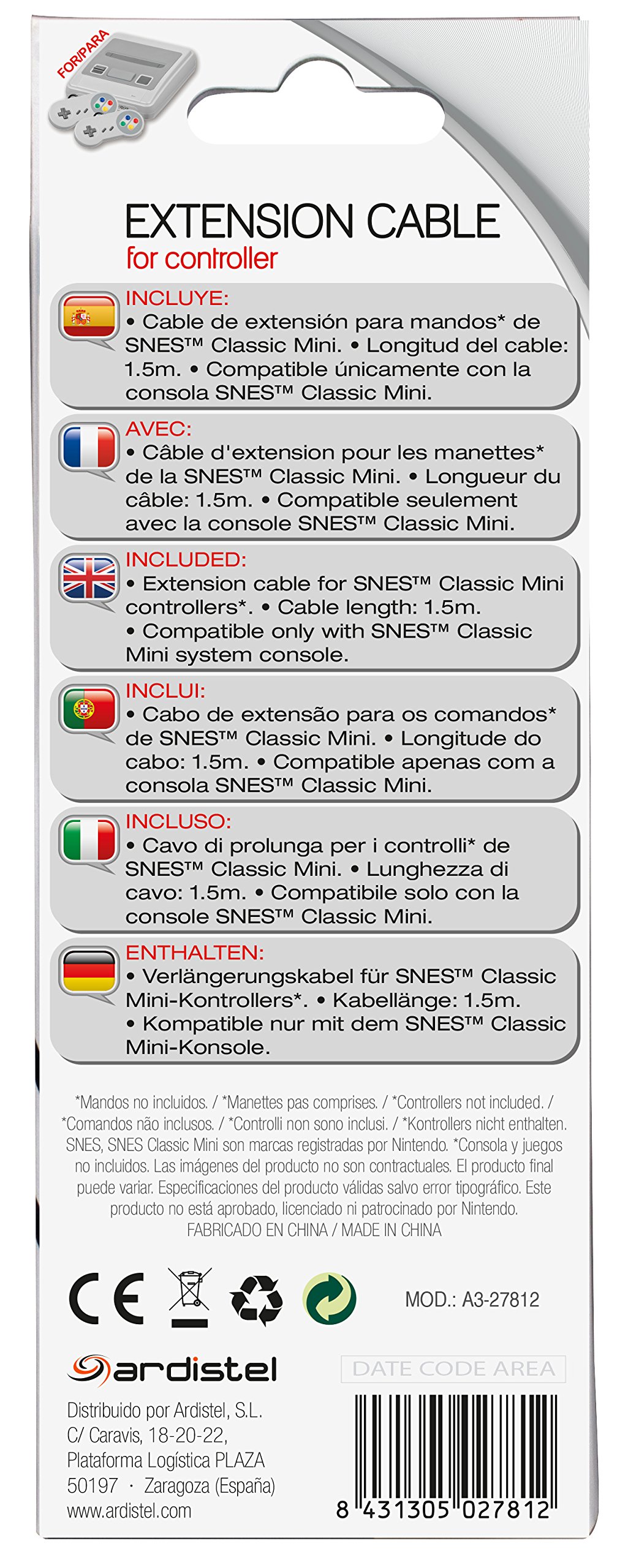 CABLE EXTENSION 1.5M PARA MANDO SUPER NES MINI