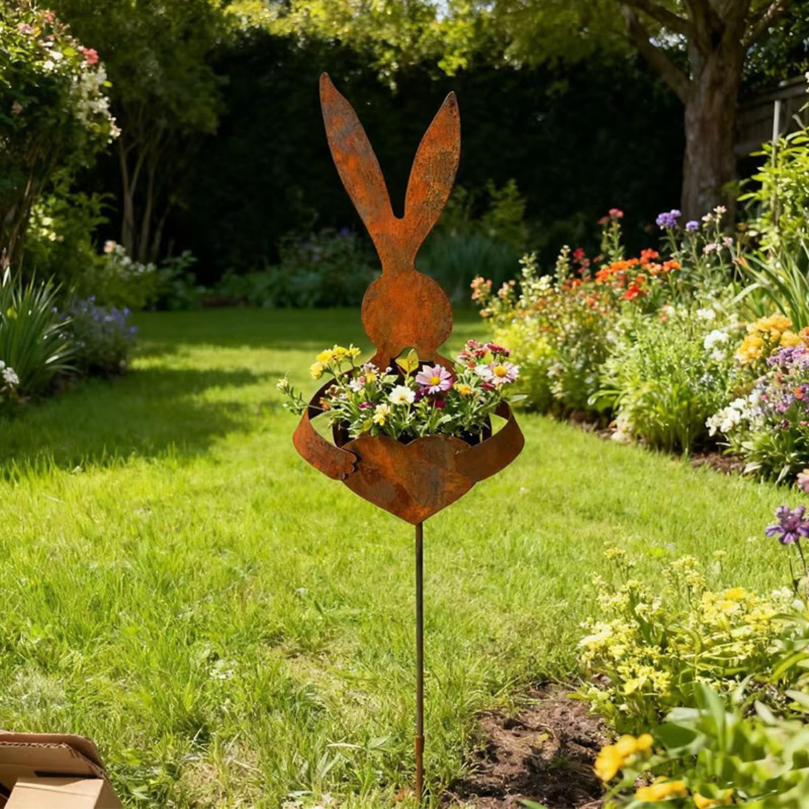 Easter Vintage Metal Rabbit Shaped Planter Garden Stake, Rustic Bunny Silhouette Garden Decor with Patina Finish for Small Flowers, Yard, Lawn & Spring Outdoor Displays, Easter Decoration