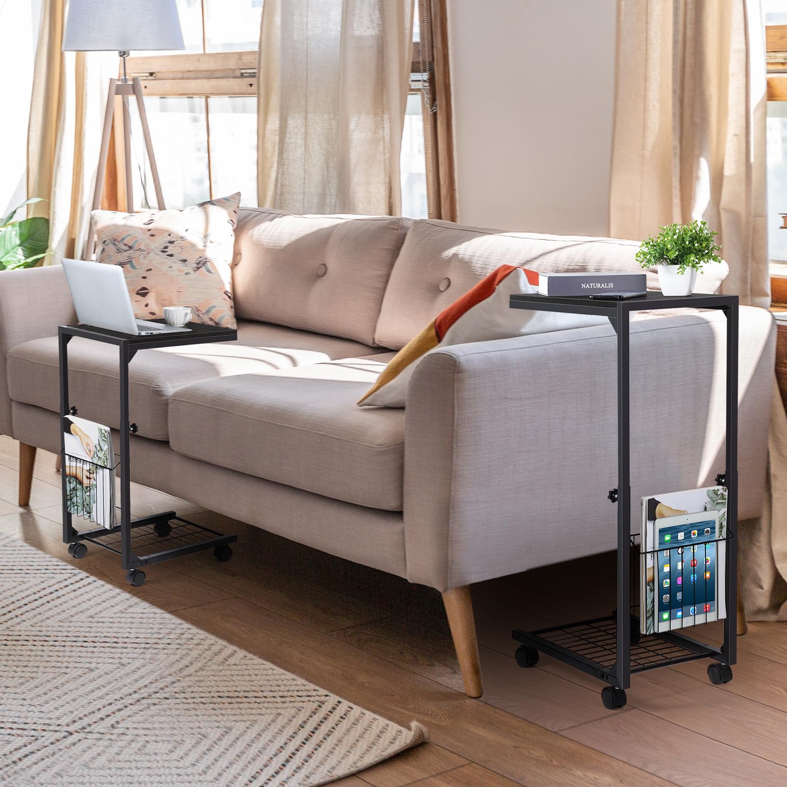 melos C Shaped End Table, C Adjustable Height Tables End Table for Couch, Couch Tables That Slide Under, Rolling Snack Table with Storage, Sofa Side Table for Living Room, Bedroom, Black