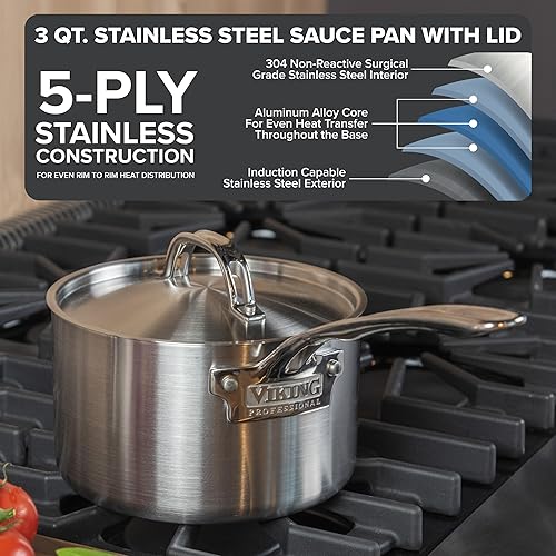 Miniatura 8 de Viking Culinary Professional - Cacerola de acero inoxidable de 5 capas, 2 cuartos de galón, incluye tapa, lavavajillas, apta para horno, funciona en
