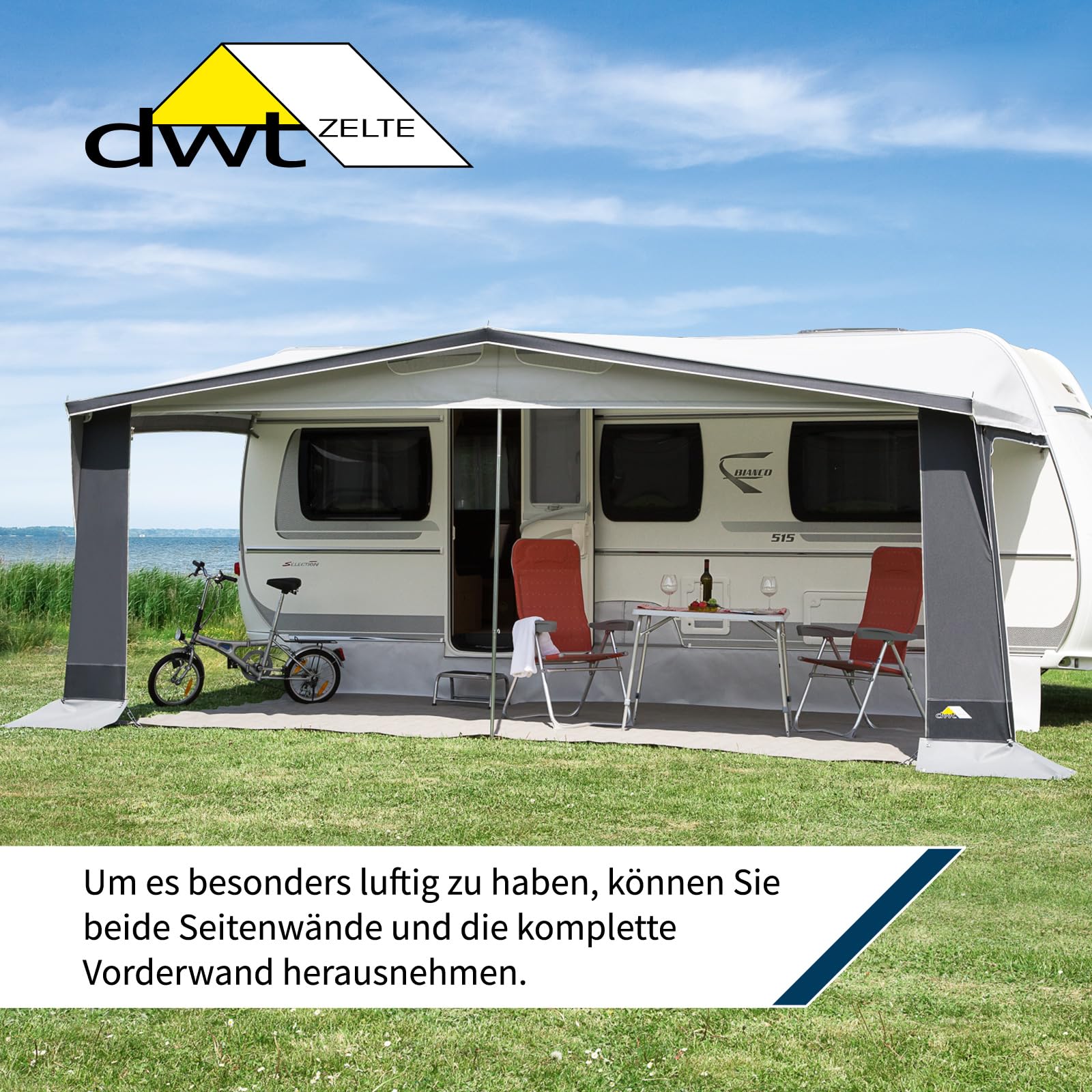DWT Wohnwagen Vorzelt Easy Polo 300 cm tief, Ganzzelt für Wohnwagen, wetterfestes Polyestergewebe, UV-Schutz, mit 2-teiliger Vorderwand