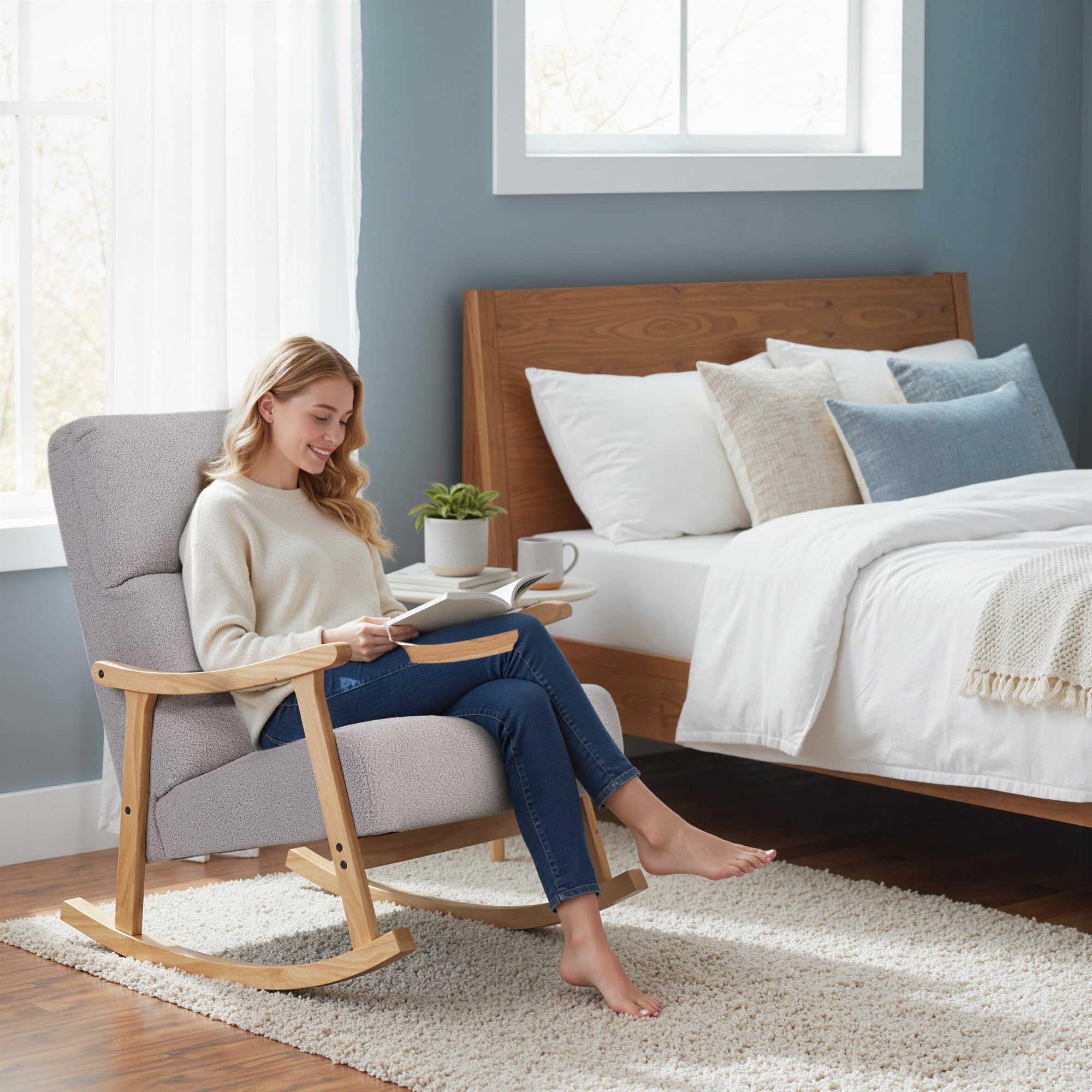 HOMCOM Silla Mecedora de Borreguito Moderna, Mecedora con Patas y Reposabrazos de Madera de Caucho, Respaldo Alto, Carga 120 kg, para Dormitorio, Salón, Gris Claro