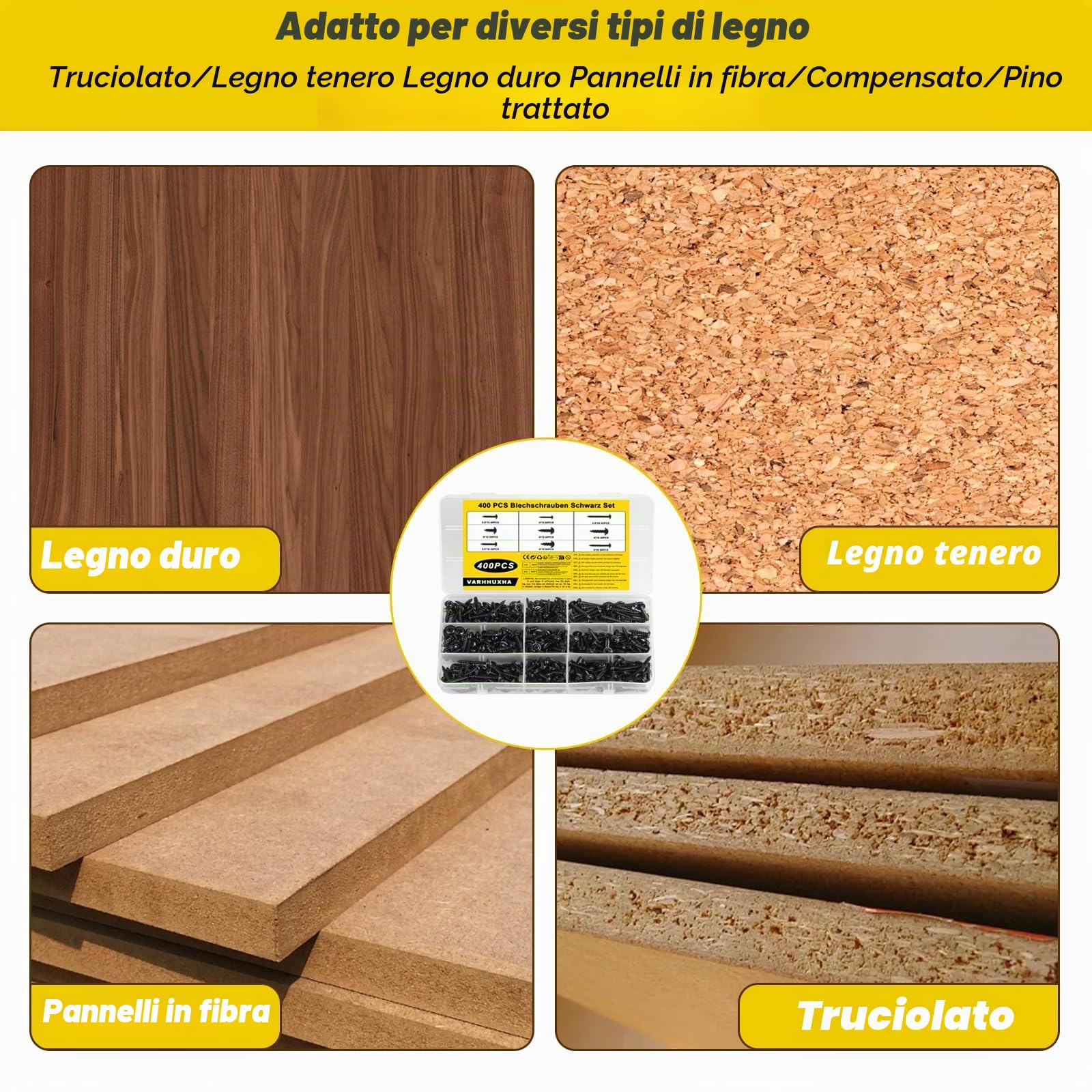 400 Pz M3 M3.5 M4 M5 Set di Viti Autofilettanti a Testa Cilindrica, Piatta e Rotonda, a Croce per Legno, Metallo e Plastica - Nere