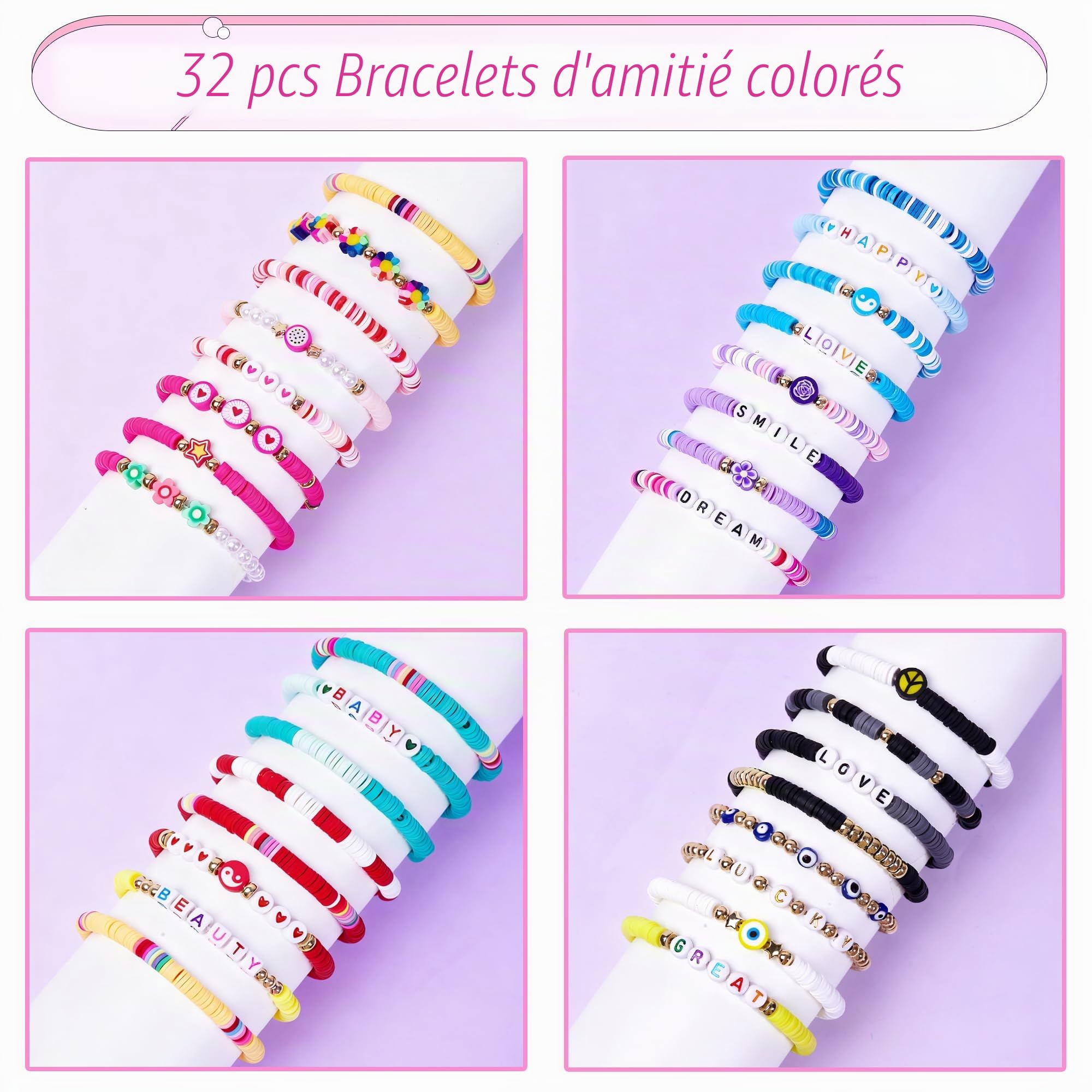 Lot de 32 Bracelets Colorés Preppy Cadeau Anniversaire Enfants Adolescents