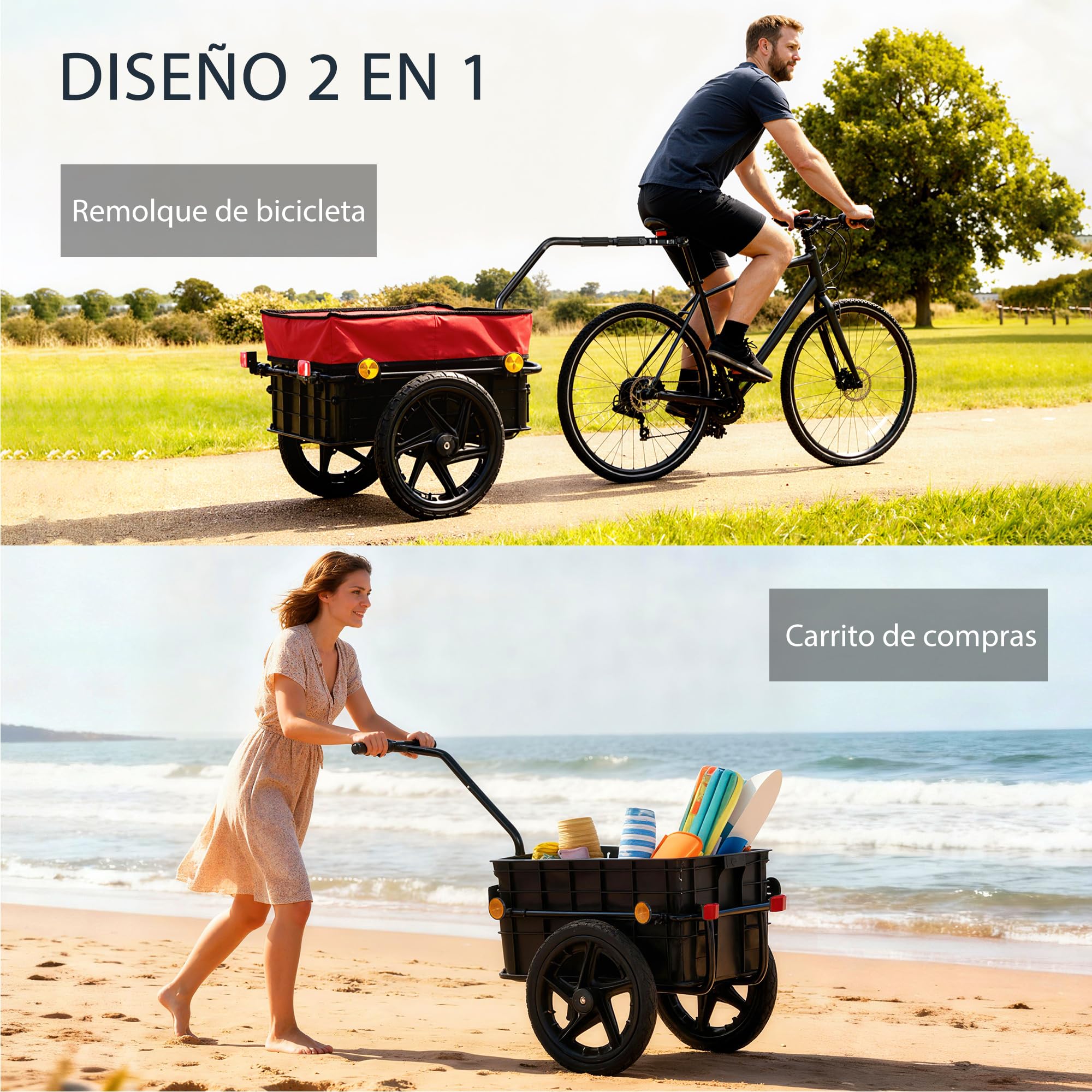 HOMCOM Remolque de Bicicleta para Carga 40 kg, Carro de Mano con Cubierta de Tela Oxford Impermeable, Reflectores, Marco de Acero y Asas para Transporte de Equipaje, 144x59x80 cm