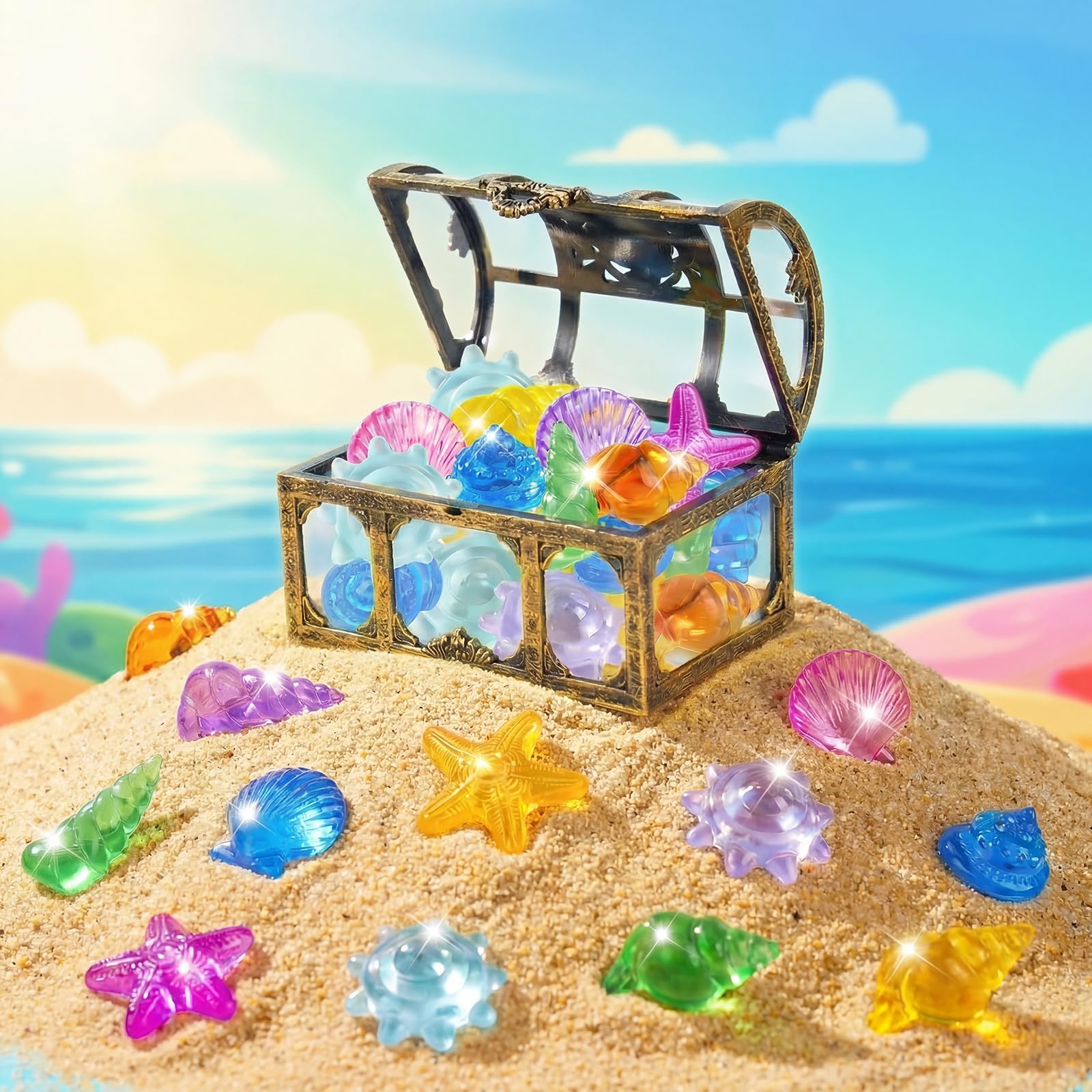 Set de Gemas Coloridos, 36 Gemas Piratas de Acrílico con 1 Cofre Pirata, Piedras Preciosas de Buceo, Juguetes de Piscina Diving Gems para Piscinas, Playas y Búsquedas del Tesoro (D)