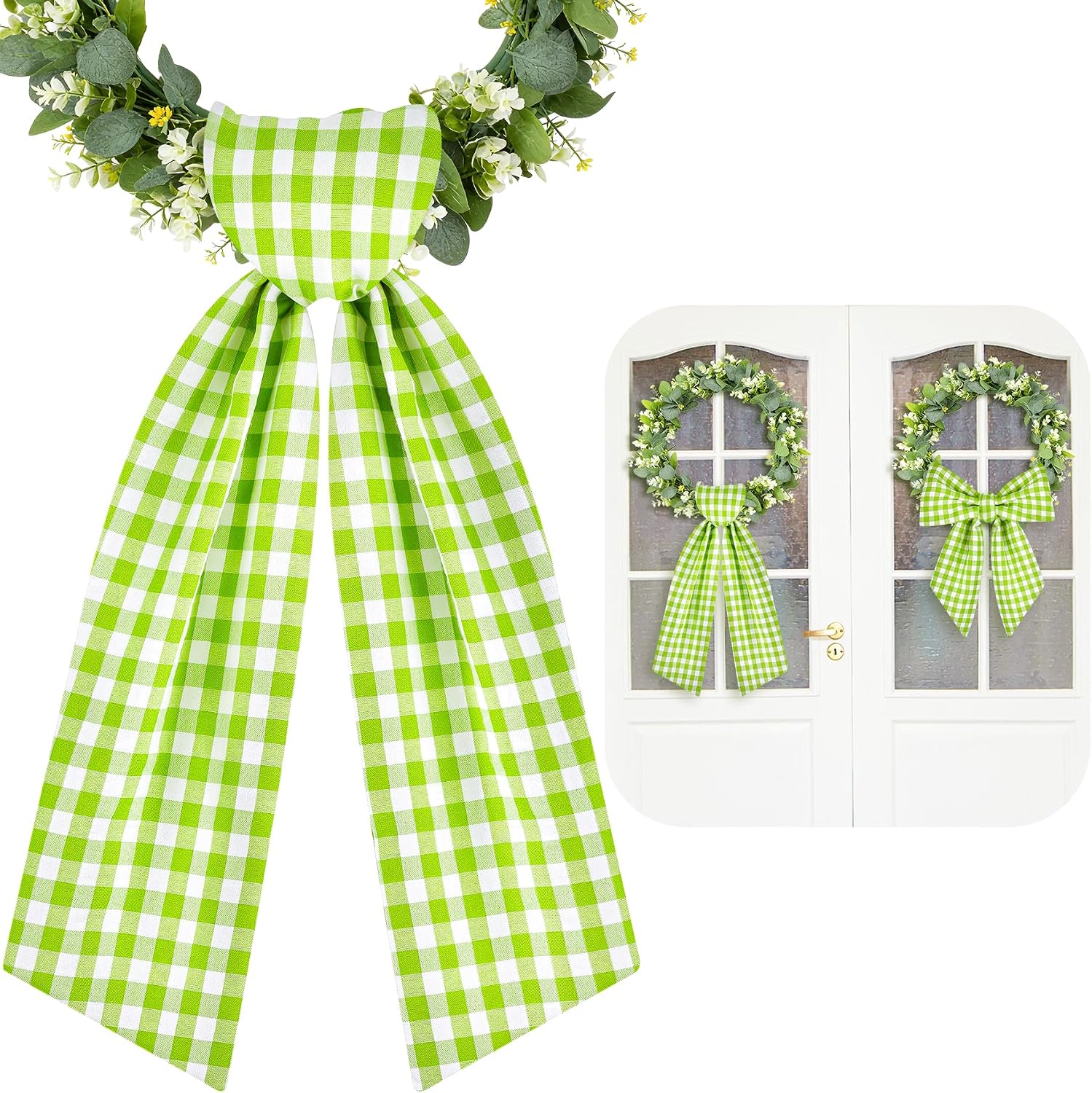 Spring Wreath Sash, 56 Inch Green and White Plaid Front Door Wreath Sash for Holiday Indoor Outdoor Decorations, 1 Pcs