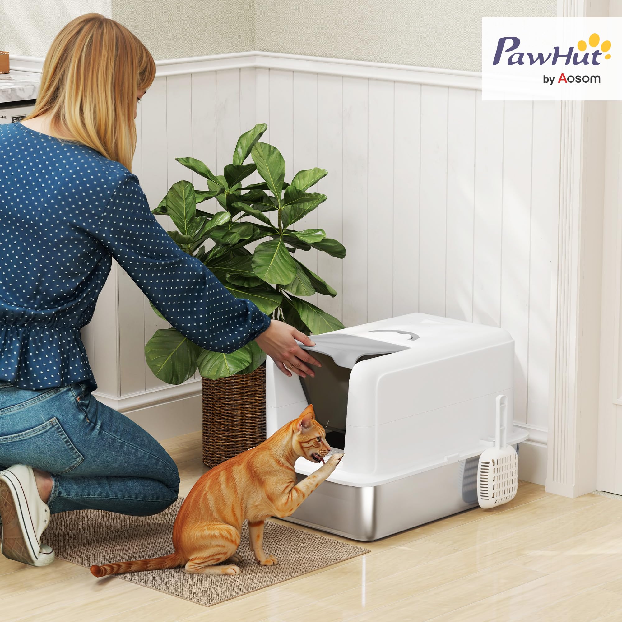 PawHut Katzenklo XXL mit Deckel für Große Katzen 40,5x60,5x41,5 cm Weiß | Edelstahl, Katzentoilette mit Wanne, Eingebauter Streufilter, Streuschaufel, Cat Litter Box