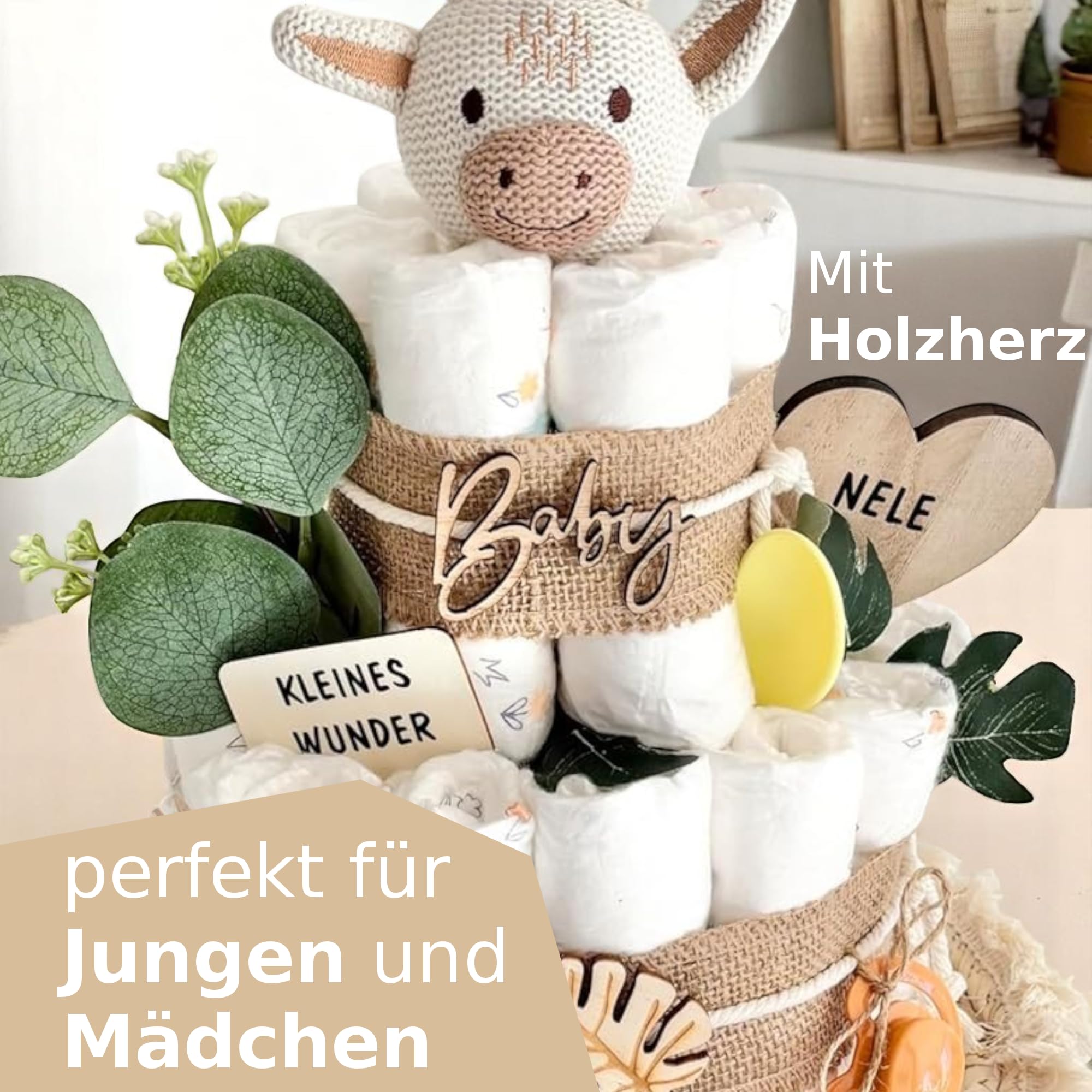 Windeltorte mit Giraffe, mit Babyaccessoires und Dekoration, Name Personalisierbar, Neutral für Jungen & Mädchen, Its a Boy/Girl, Babyshower Torte Gender-Reveal Baby-Party Geschenk Geburt Deko