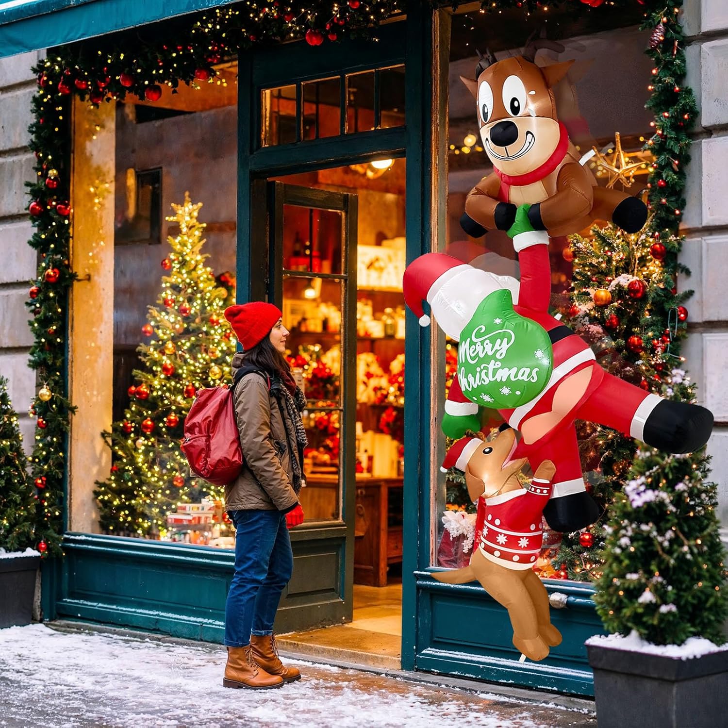 OurWarm 8FT Hanging Christmas Inflatables Outdoor Decorations, Climbing Santa and Reindeer & Dog, Christmas Blow Ups Inflatable with Built-in LEDs for Lawn, Balcony, Window Xmas Yard Decorations - Image 6