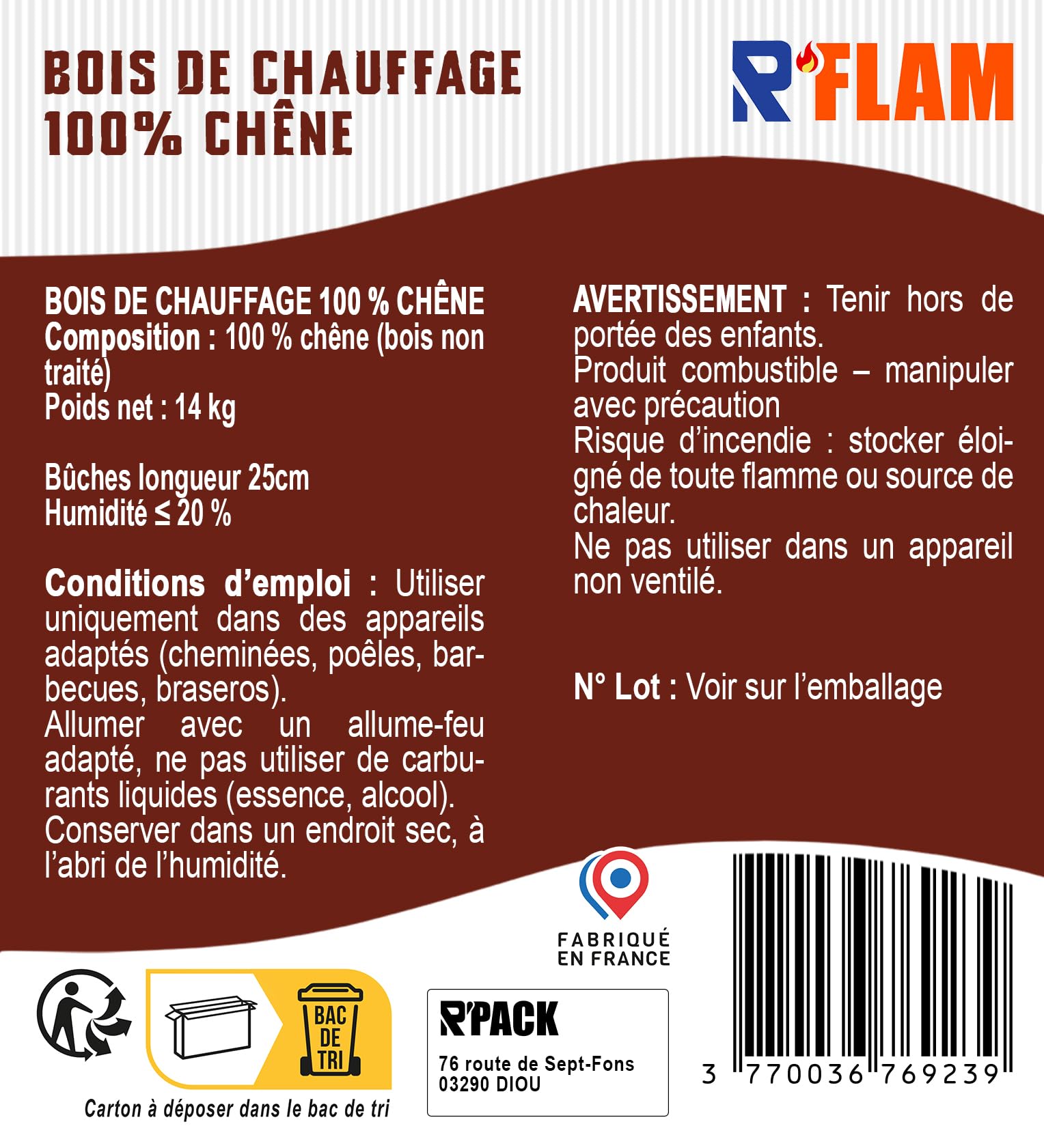 Bois de Chauffage 100% Chêne – Bûches 25 cm – Bois Sec Haute Performance – Idéal poêle, cheminée, Barbecue, braséro – R’FLAM - 14 KG