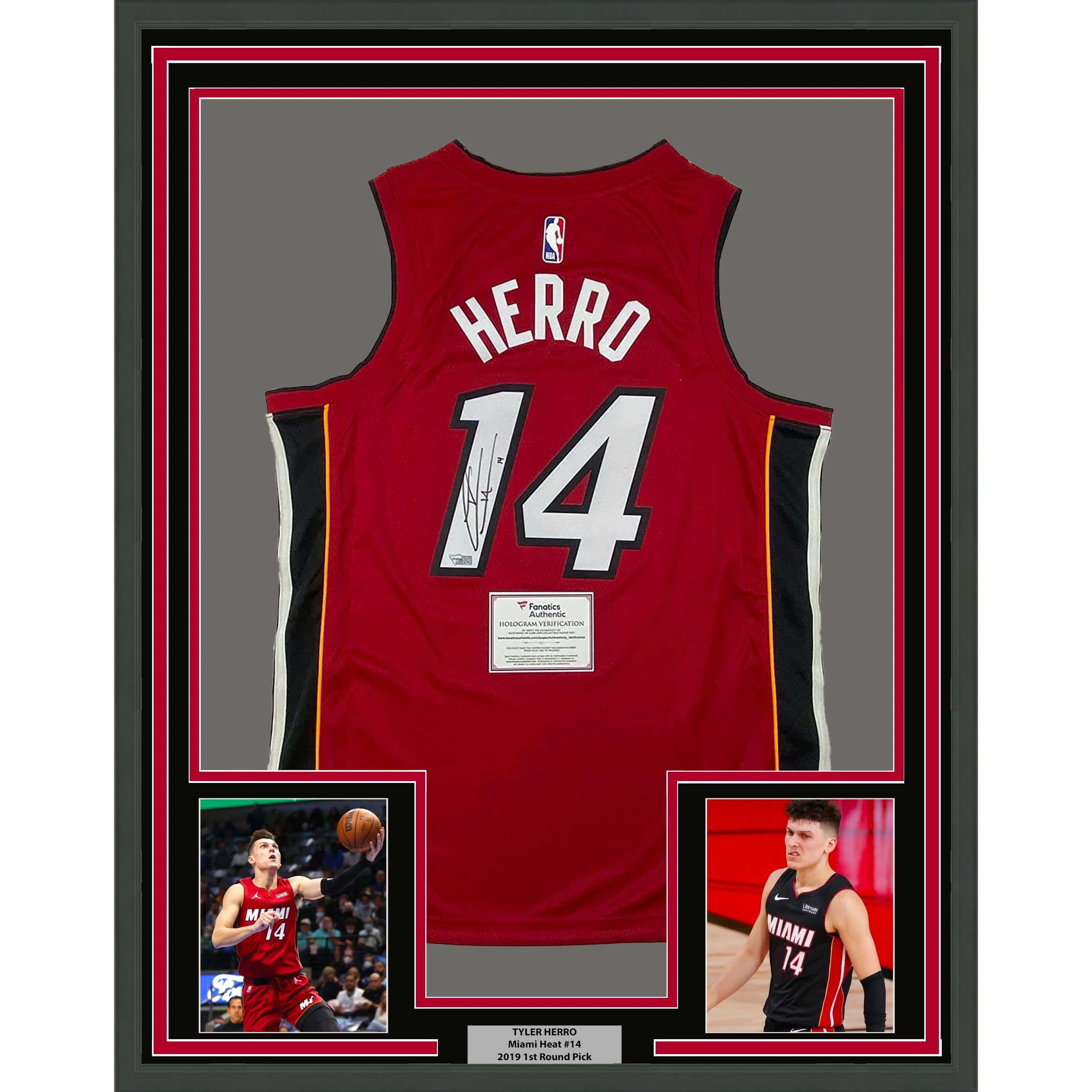 Framed Autographed/Signed Tyler Herro 33x42 Miami Heat Red Authentic Basketball Jersey Fanatics COA