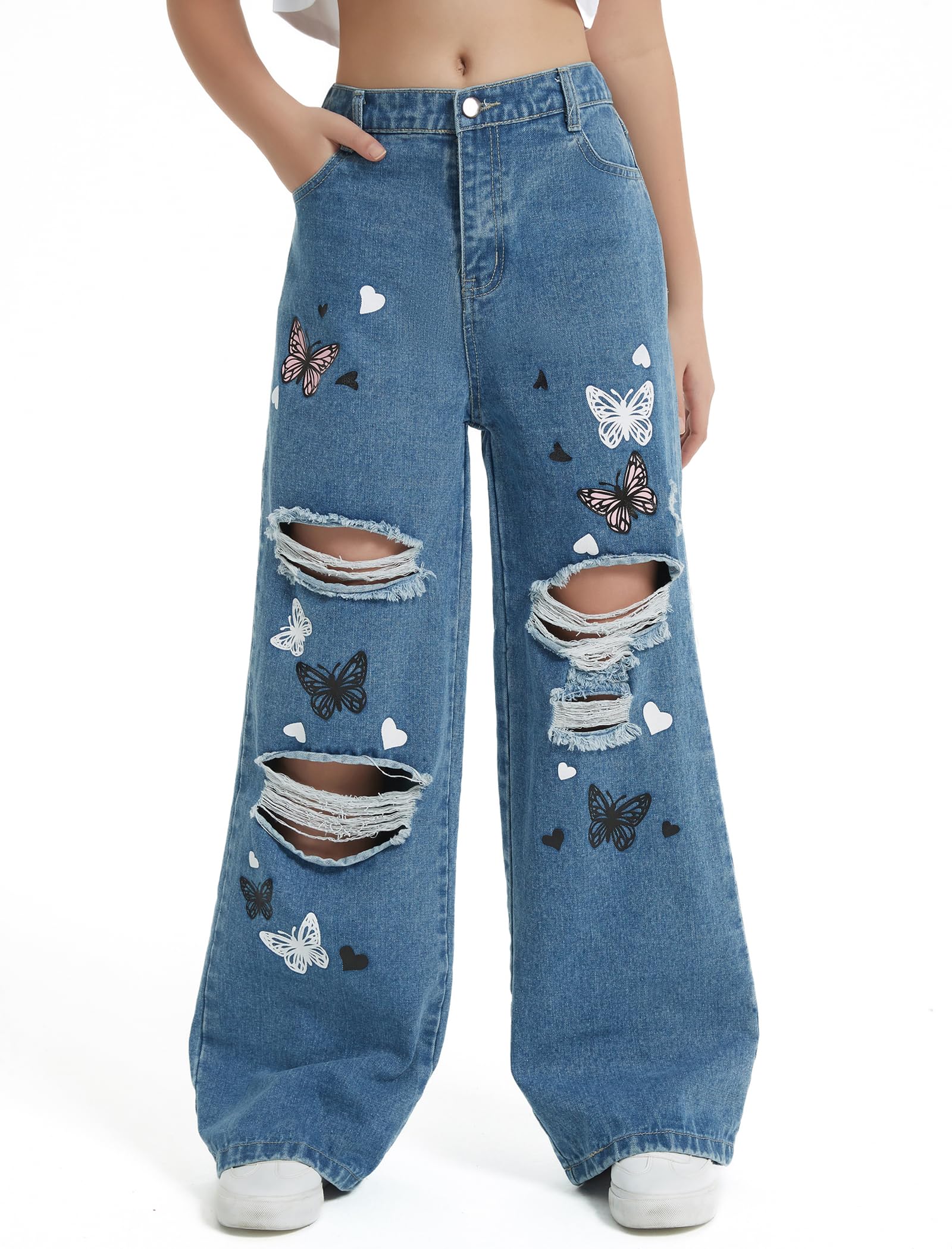 EXARUS Pantalones de mezclilla holgados para niñas, pierna ancha, acampanados, ajustados, para adolescentes, ropa de mezclilla rasgada, ropa preppy casual, para niños de 6 a 14 años