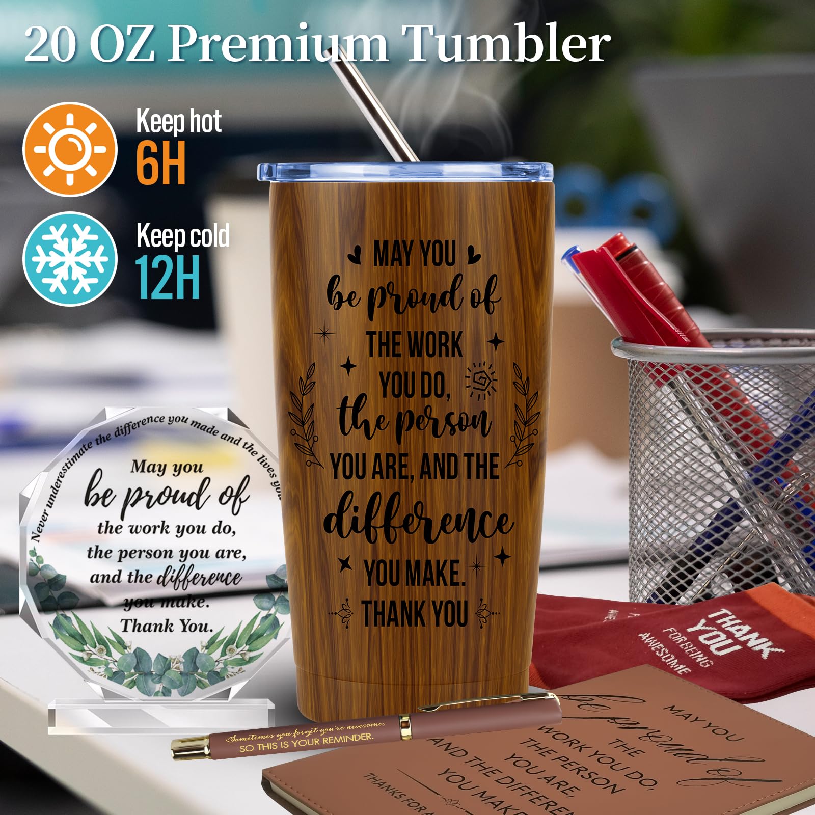 JTAMOHI 9 Pcs Employee Appreciation Gifts for Men, Best Coworker Appreciation Gifts with 20 Oz Tumbler, Leather Journal Notebook, Socks, Acrylic Award Plaque Sign, Thank You Gift for Employee