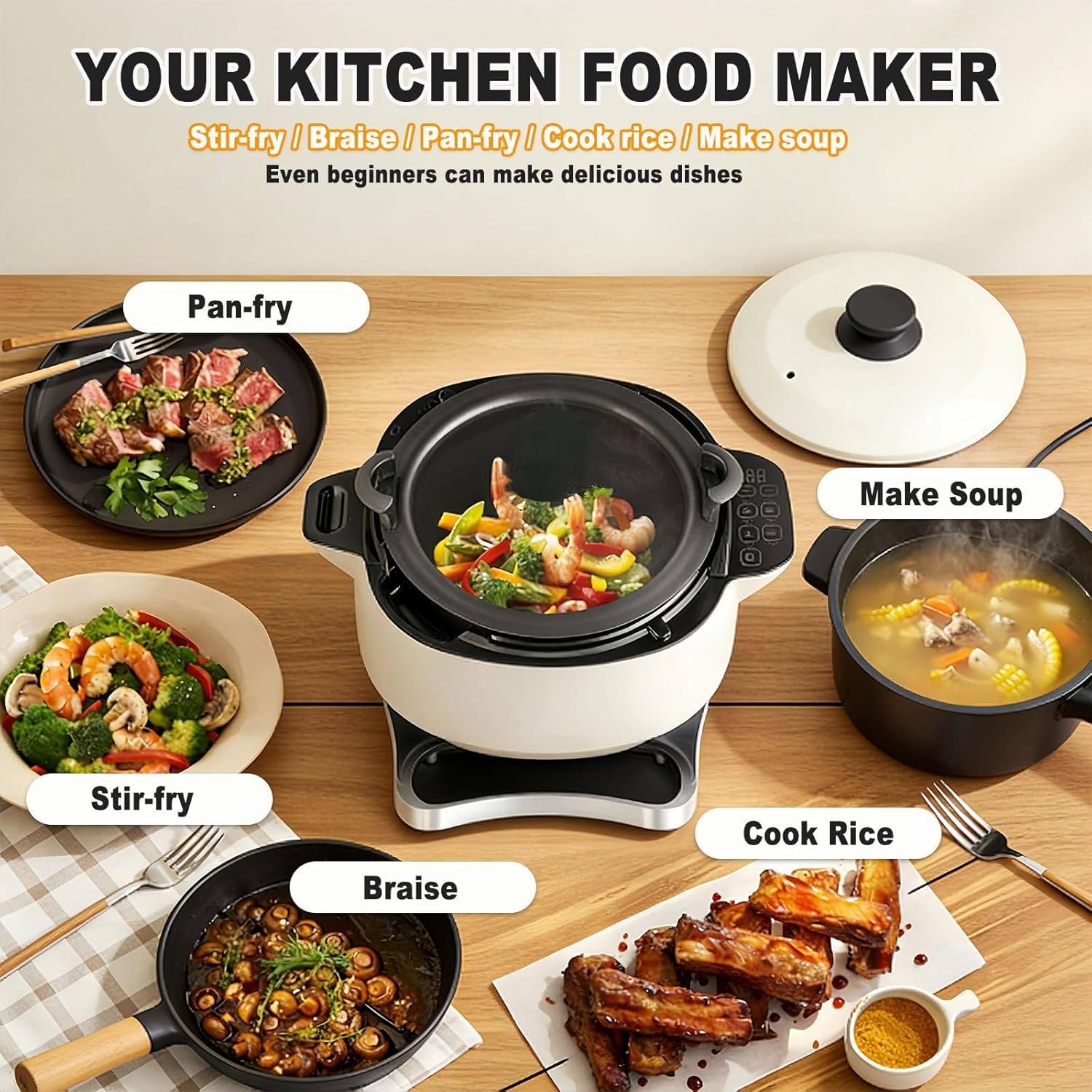 6L Full Automatic Stir-Fry Machine, 2000W Multifunctional Cooking Wok, Automatic Fried Rice, One-Click Smart Start, Three Speed Adjustable, 360° Rotation