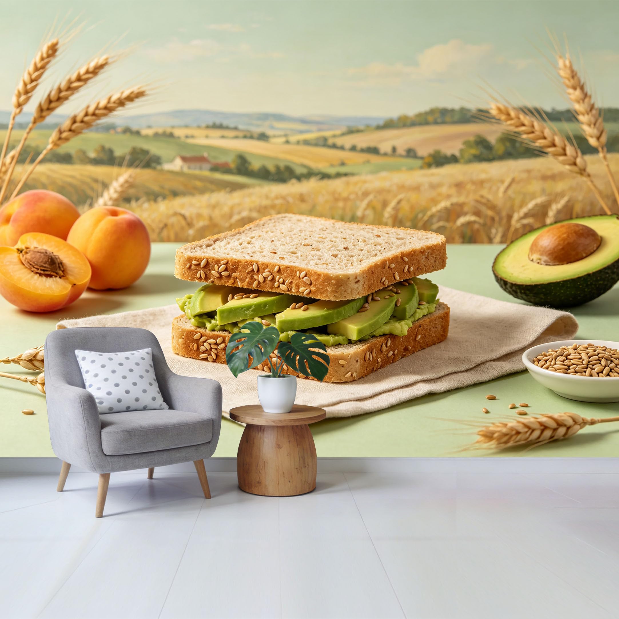 Qzlithotic Yq2605250998 Custom Size Wall Mural Avocado Sandwich Wheat Field Farmhouse Landscape Oil Painting Selfadhesive Wall Fabric Removable Wallpaper For Home Office Decor