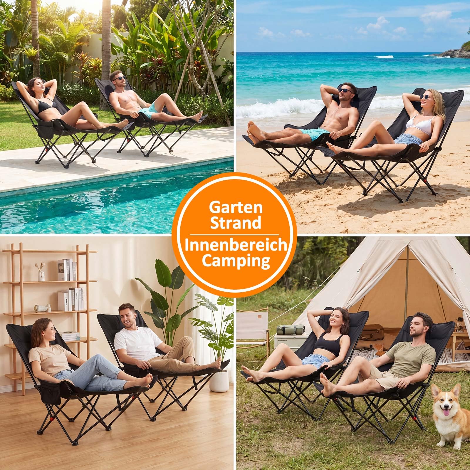 Jadive Lot de 4 Chaises de Camping 2-en-1 avec Repose-Pieds 150kg – Chaise Pliante Réglable 3 Positions, Fauteuil Relax pour Camping, Pêche et Extérieur