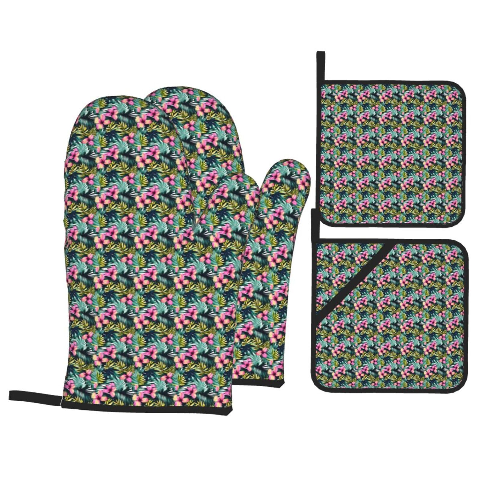 Nimongt Black Tropical Summer Hawaiian Flower Palm Leaves Print Heat-Resistant 4-Piece Oven Kitchen Gloves For Baking Cooking Microwaving Essentials