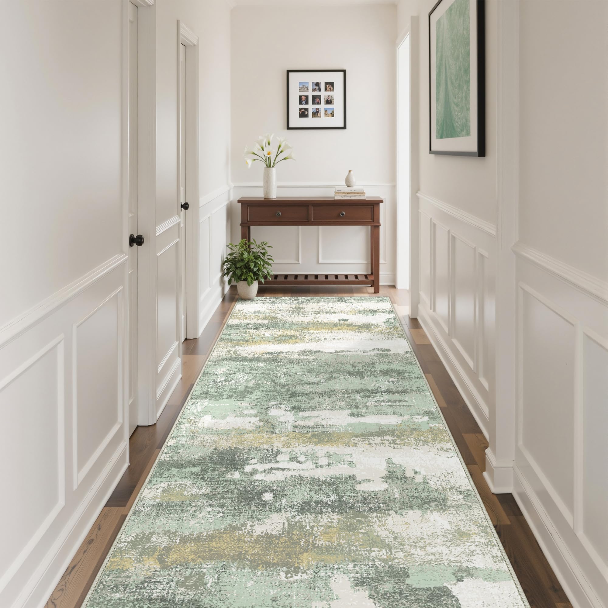 BEIMO 2'6"x6 Green Abstract Runner Rug, Washable Non-Slip for Hallway