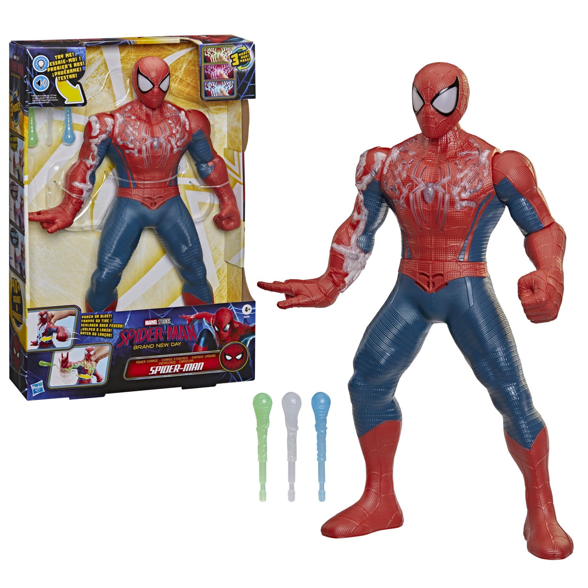Superdoładowany Spider-Man z filmu "Spider-Man: Całkiem nowy dzień" Marvela, elektroniczna figurka, 36,8 cm, zabawki z superbohaterami i figurki dla dzieci, wiek: od 4 lat - wersja angielska