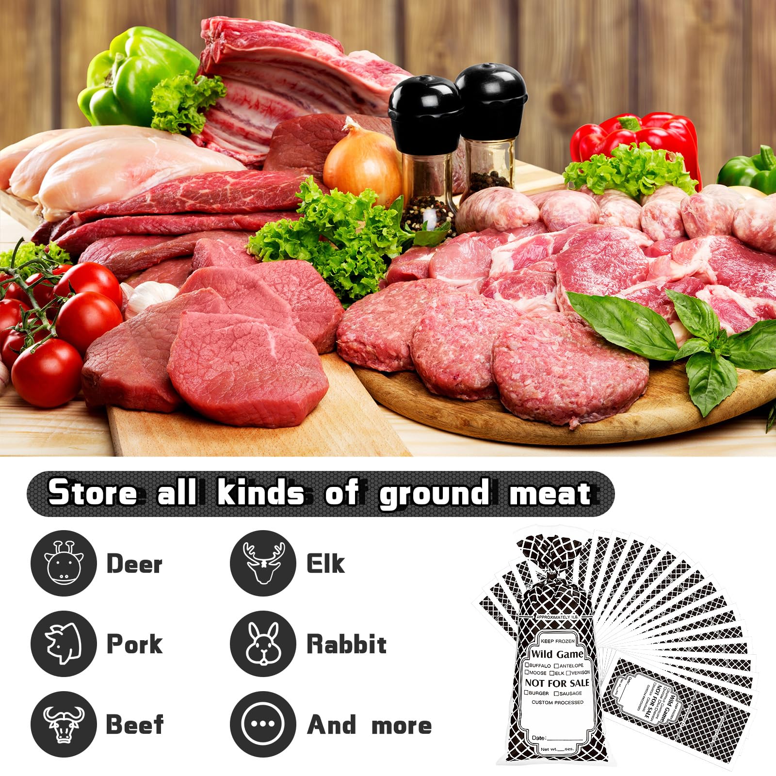 Paquete de 1500 bolsas de carne de caza salvaje para congelador, bolsas de carne molida de 1.5 libras y hamburguesas para proteger tu carne de quemaduras por congelador 5