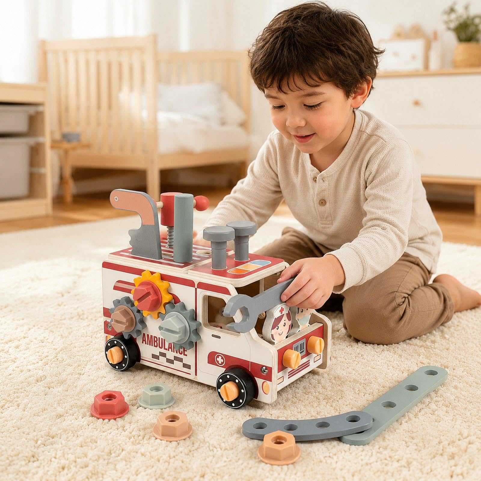 Kinderwerkzeugset, Pädagogisches Konstruktionsspielzeug Aus Holz, Werkzeugset für Kinder, Jungen Und Mädchen, Krankenwagen