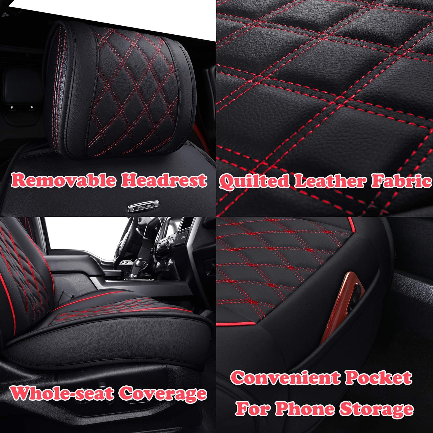 Aierxuan Front Car Seat Covers Custom Fit 2009-2026 Ford F150, 2017-2026 F250 F350 F450 Super Duty Crew Cab Regular Cab Super Cab, Automotive Vehicle Cushion with Waterproof Leather (Black and Red)
